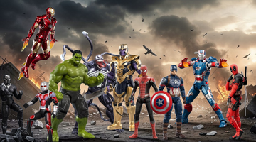 Marvel superhero collectible action figures featuring Iron Man, Hulk, Thanos, Spider-Man, Captain America and Deadpool in a cinematic battle scene