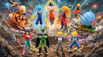 Dragon Ball anime collectible figures featuring Goku, Vegeta, Cell and Super Saiyan forms in a cinematic battle scene