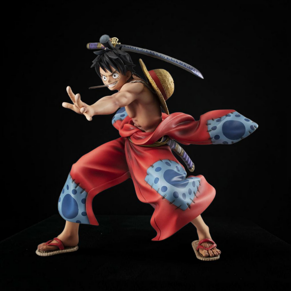 Animated character in a dynamic pose with a sword, set against a fantasy landscape with cherry blossoms and traditional architecture.