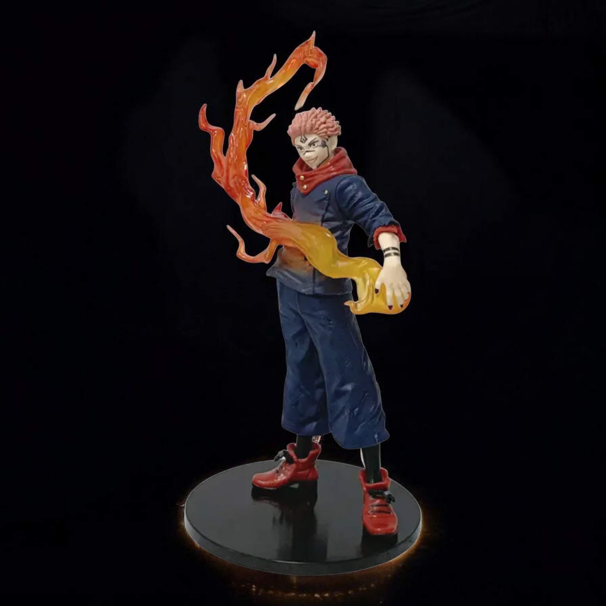 Statue of a character with flames on a black background