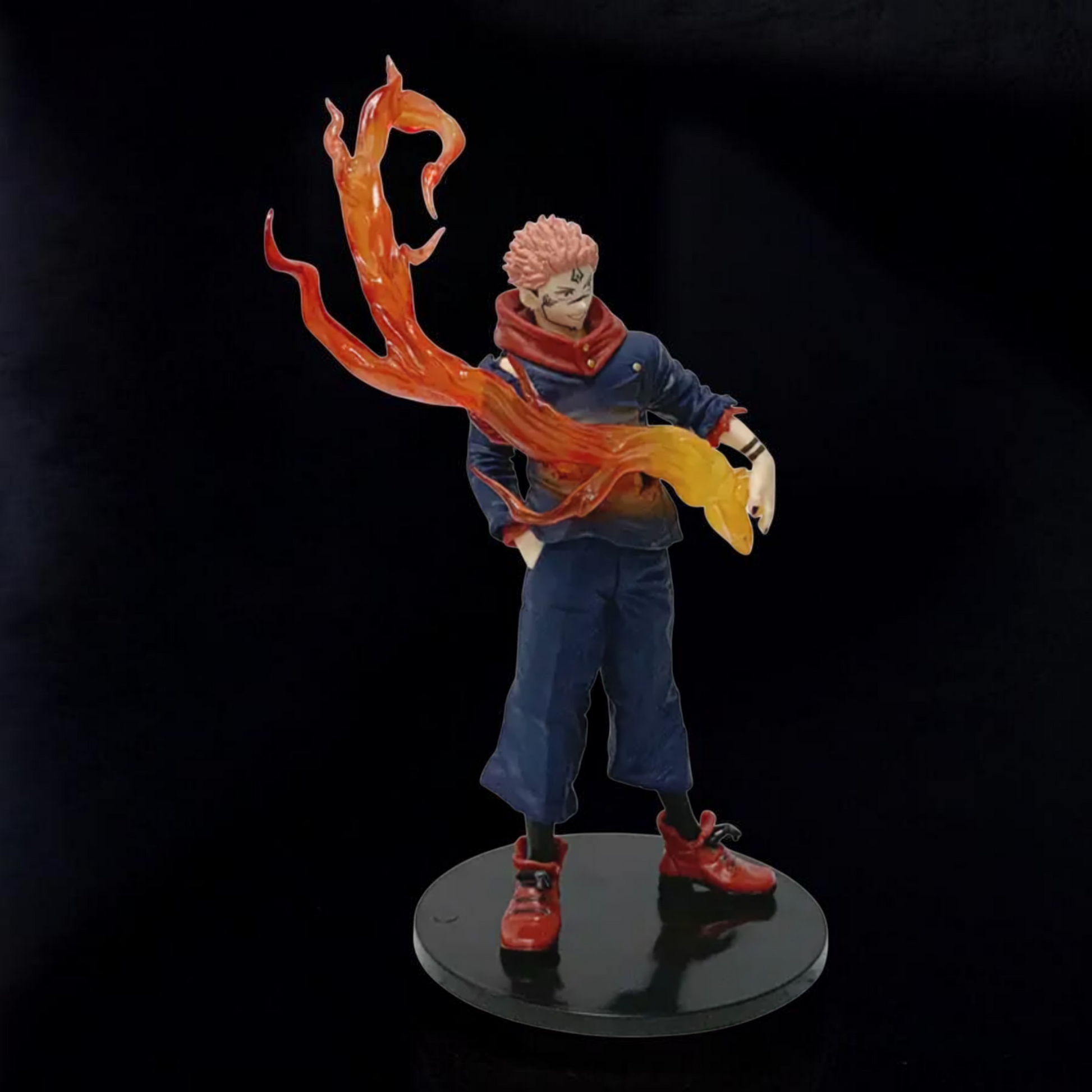 Action figure with fiery abilities on a black background