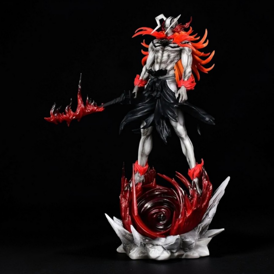 Stylized character with red hair and a swirling design in a fiery, rocky landscape