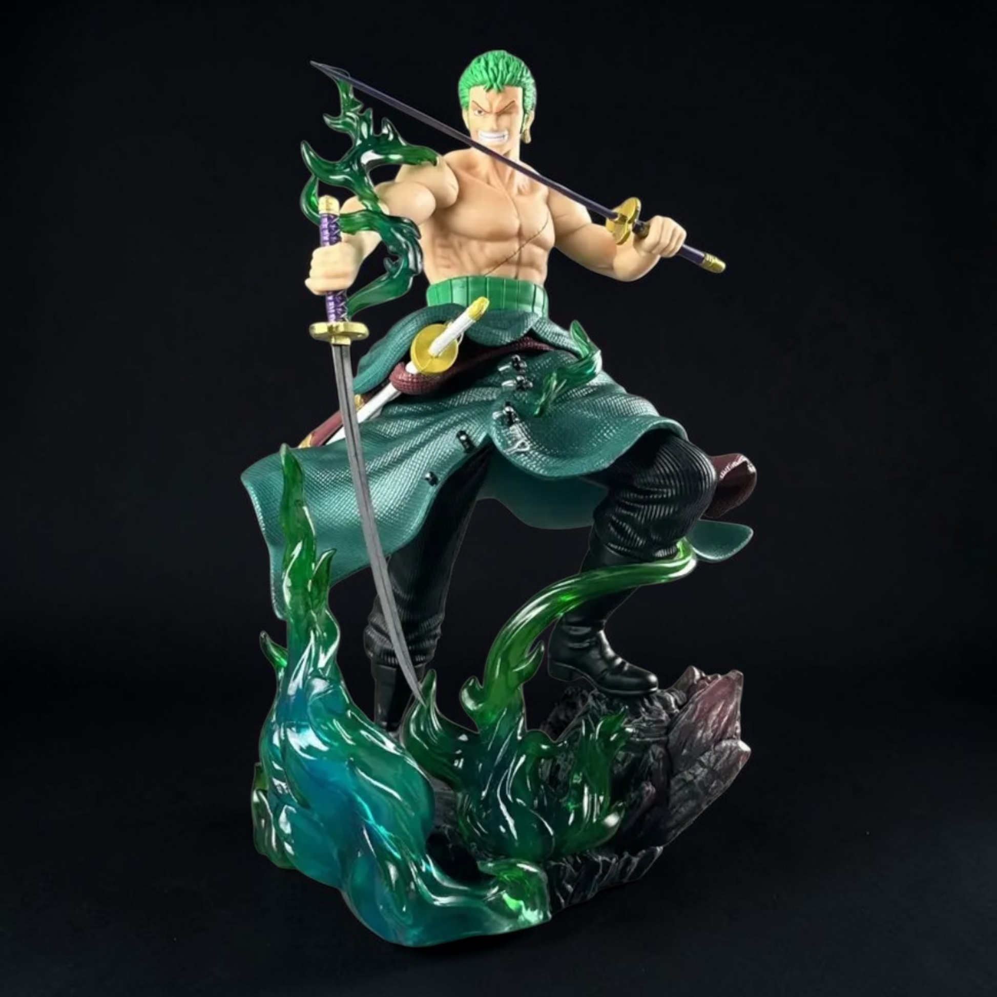 Statue of a character with green hair and green outfit on a dark background