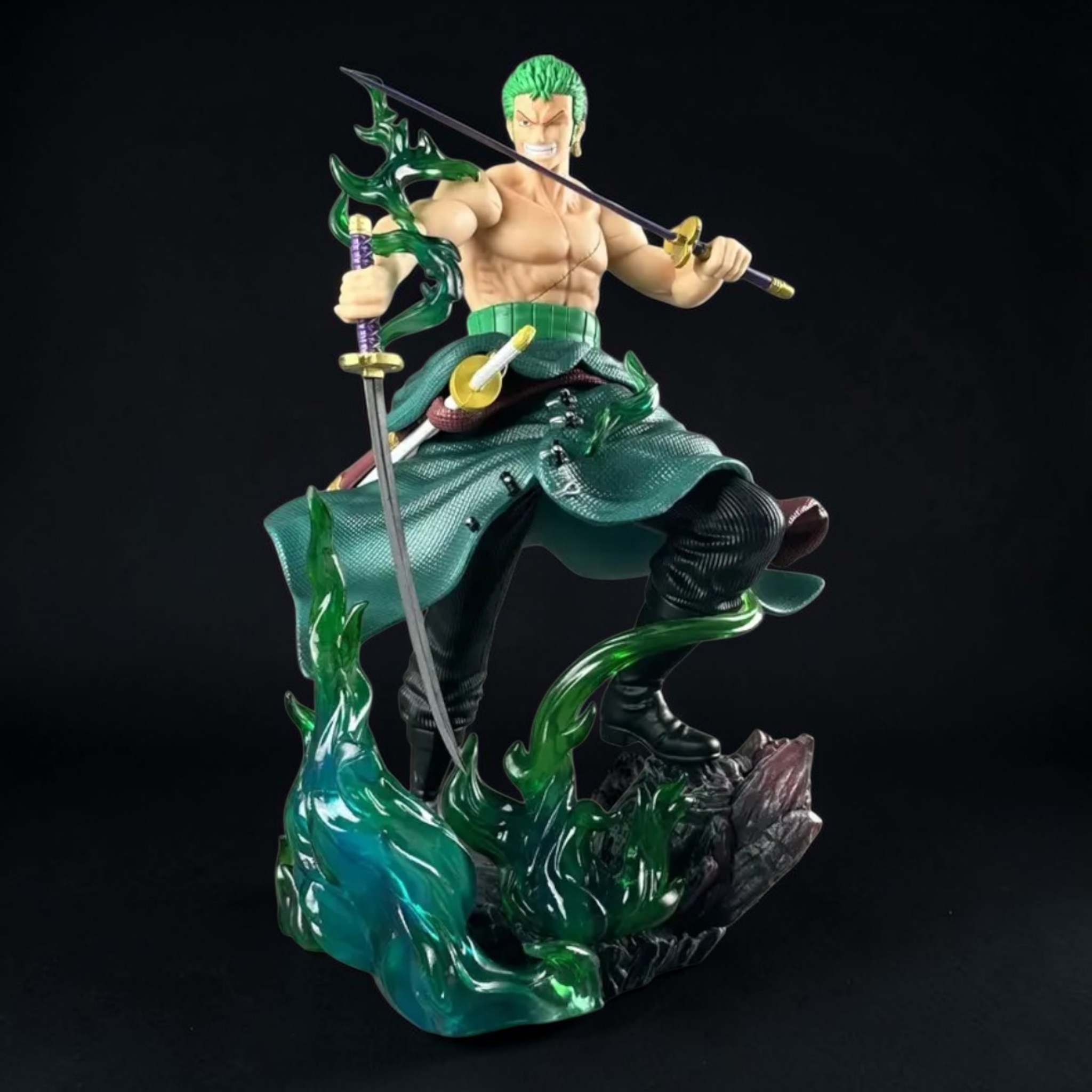 Statue of a character with green hair and green outfit on a dark background
