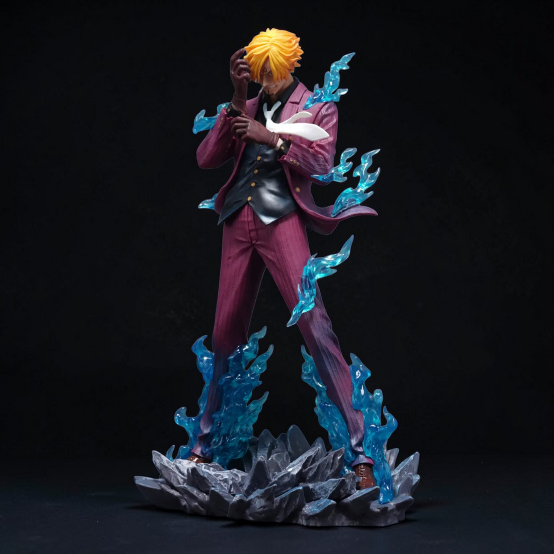 Animated character with glowing blue energy in a dramatic, fiery setting