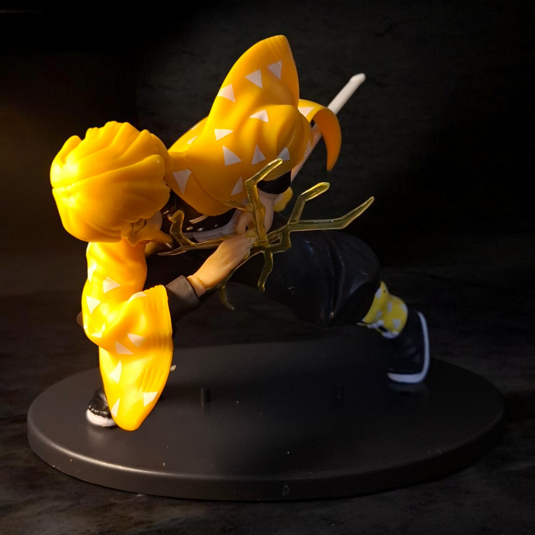 Animated character with yellow hair and outfit surrounded by lightning effects against a stormy sky.