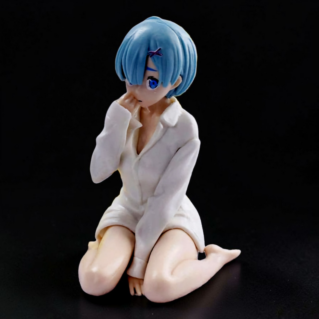 Anime character with blue hair sitting on the floor in a traditional Japanese room.
