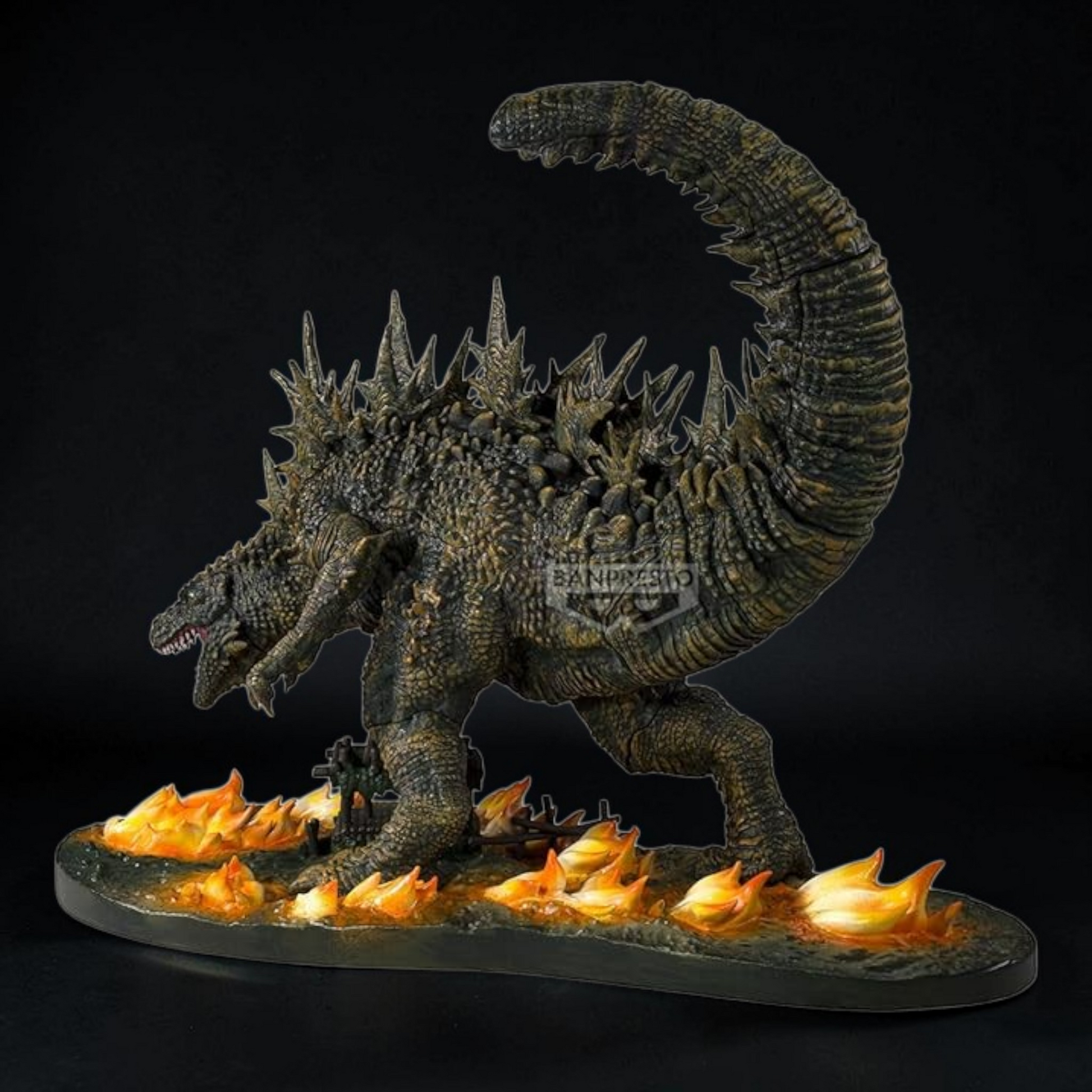 Monster-like creature with flames on a dark background