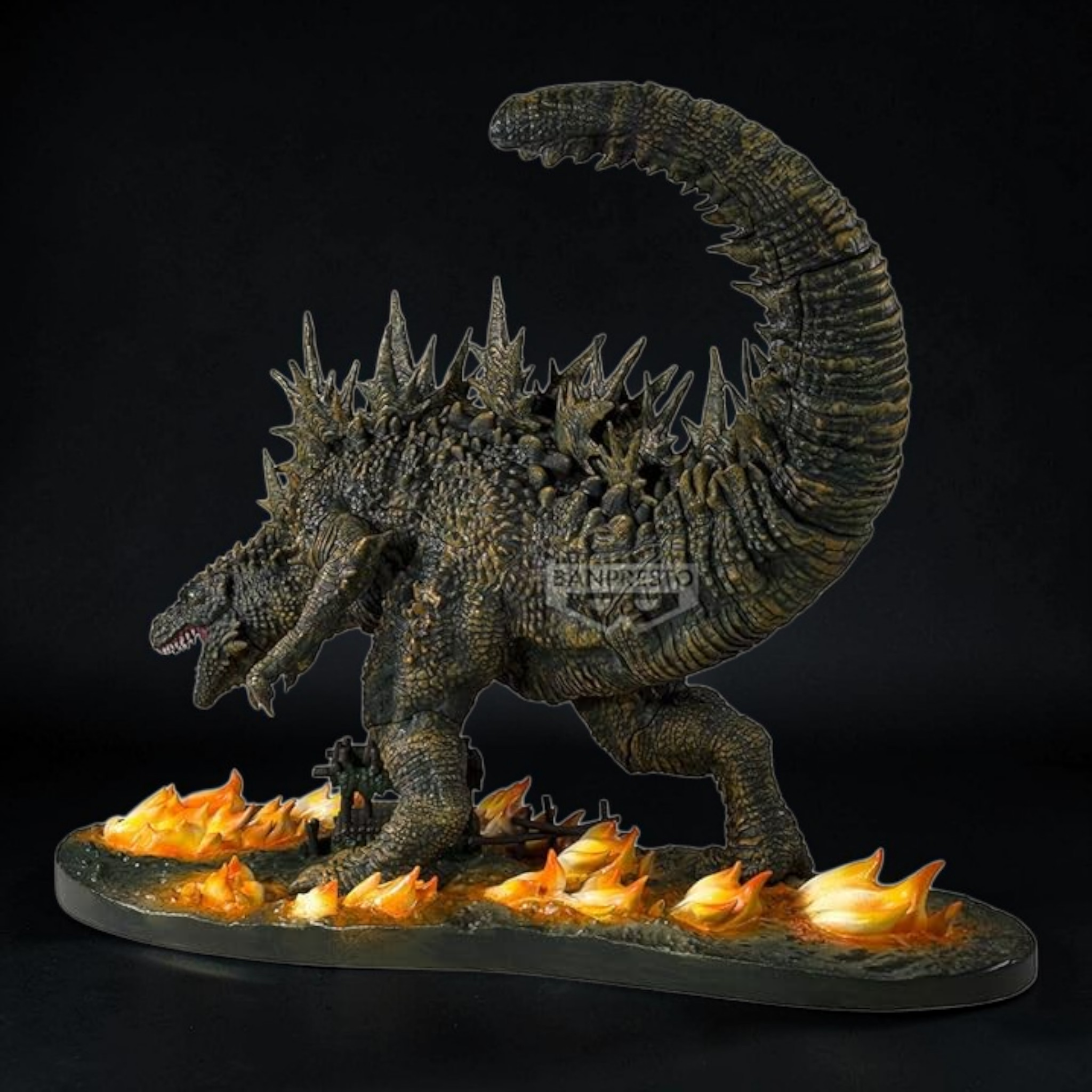 Monster-like creature with flames on a dark background