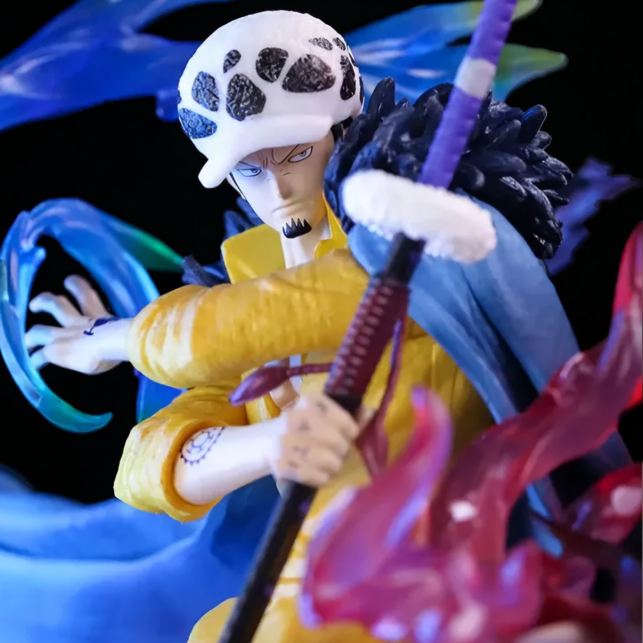 Action figure with dynamic pose and colorful background