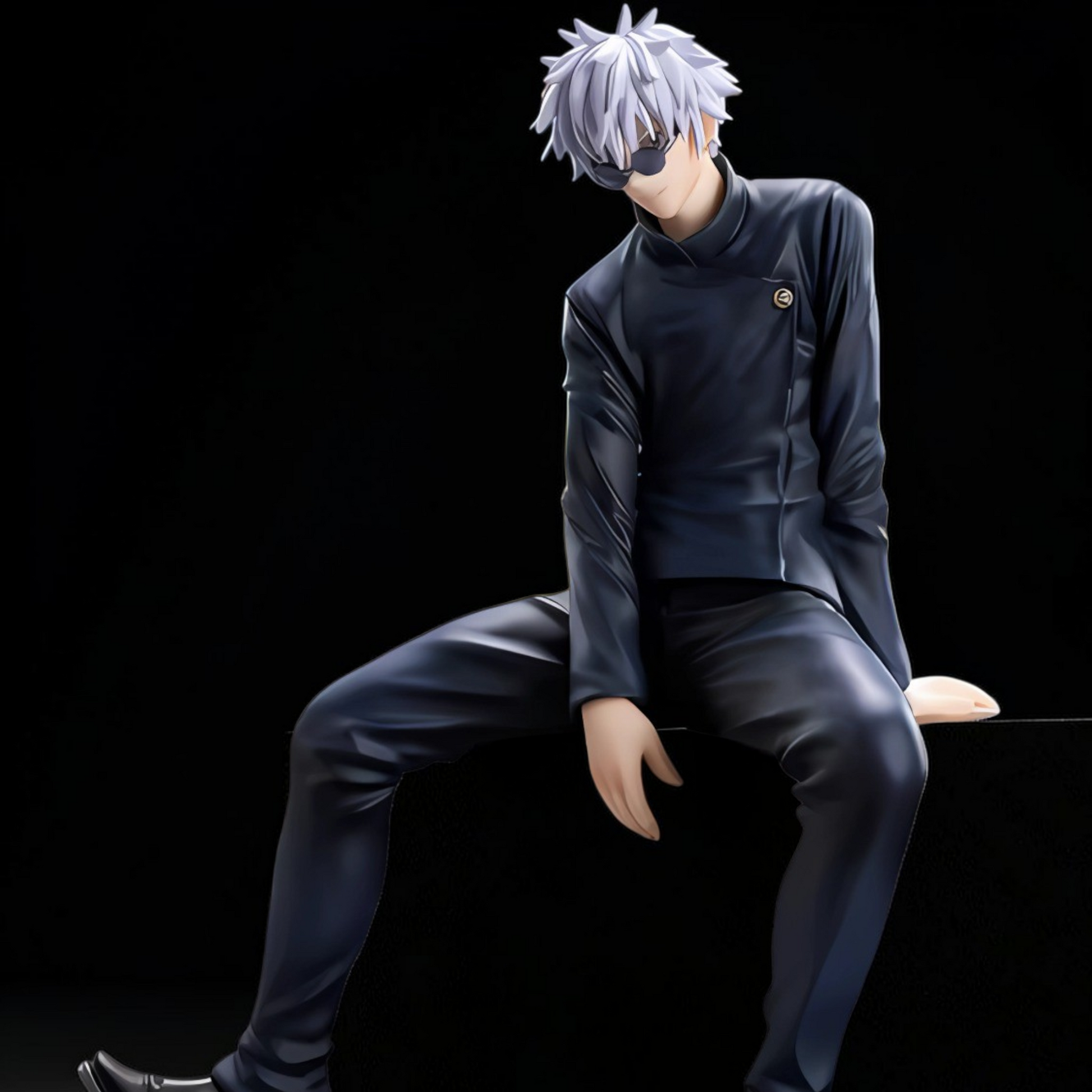 Anime character figurine in a dark outfit sitting on a black background