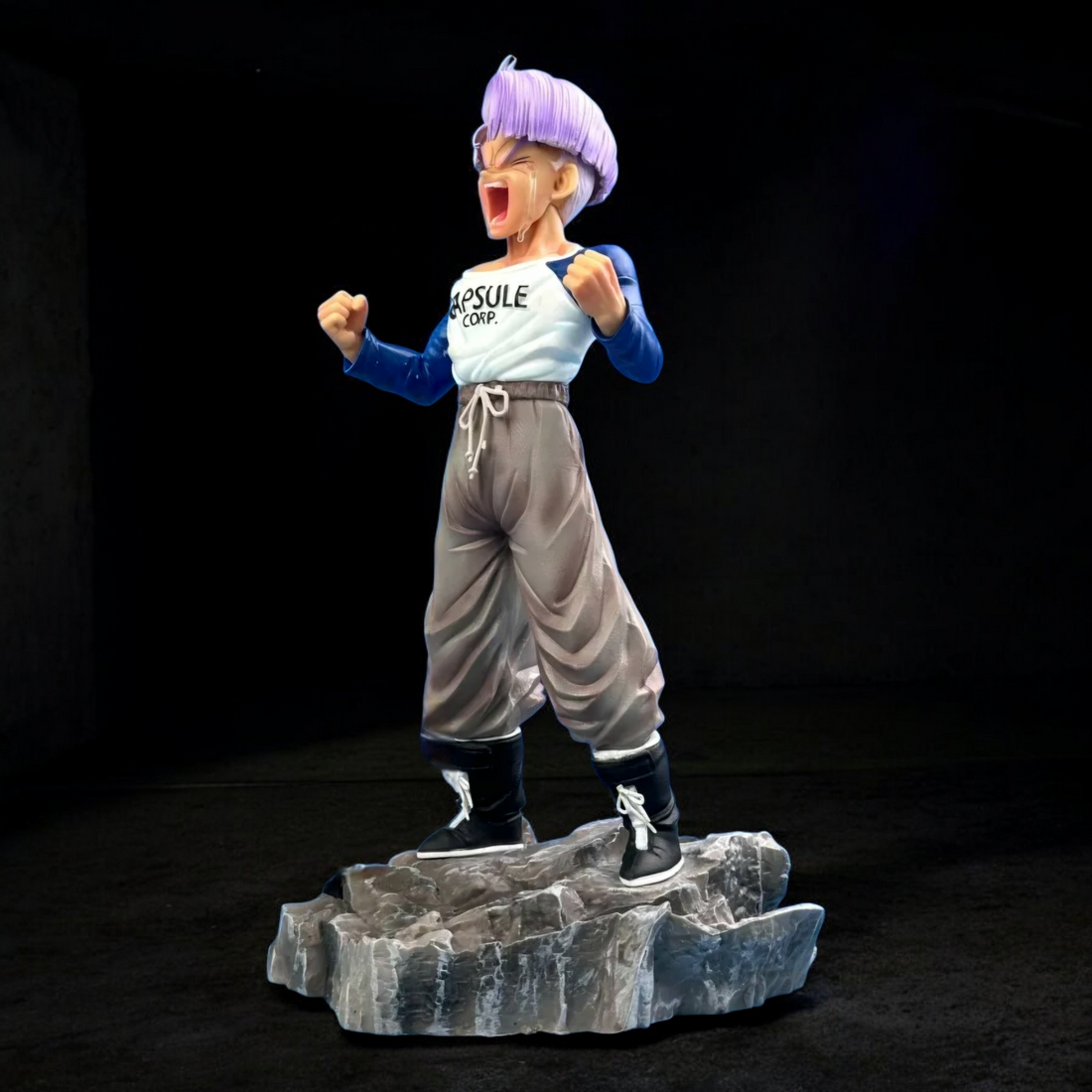 Character in a dynamic pose with energy effects in an urban destruction scene