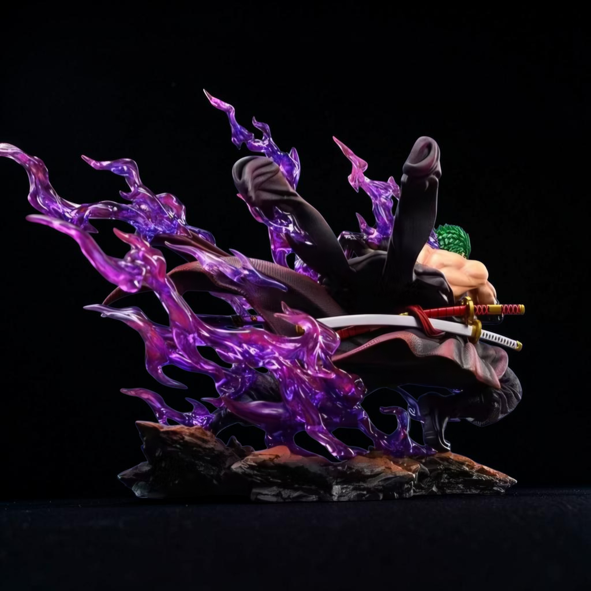 Figurine with purple flames and a sword on a dark background