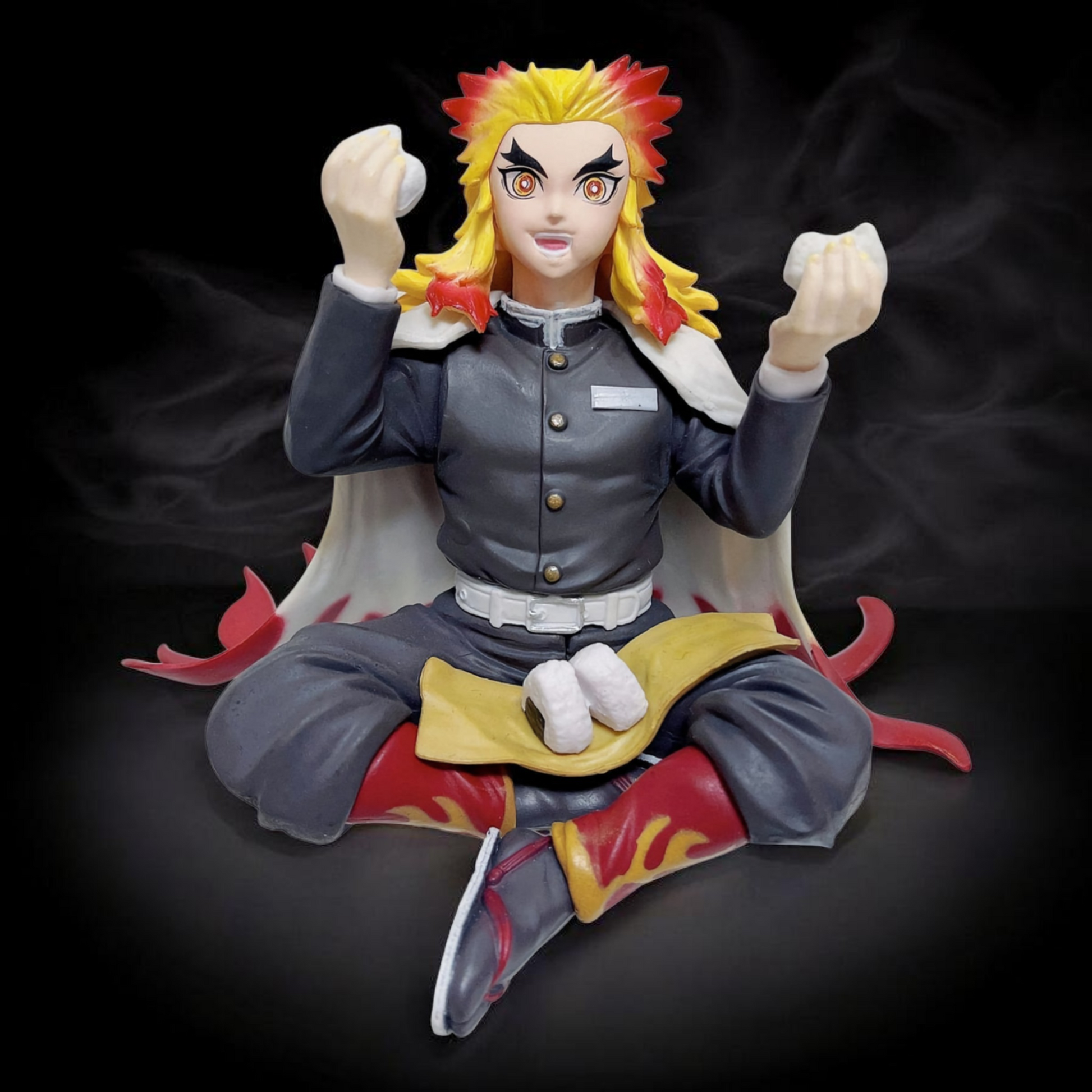 Action figure of a character with spiky yellow hair and red highlights on a dark background
