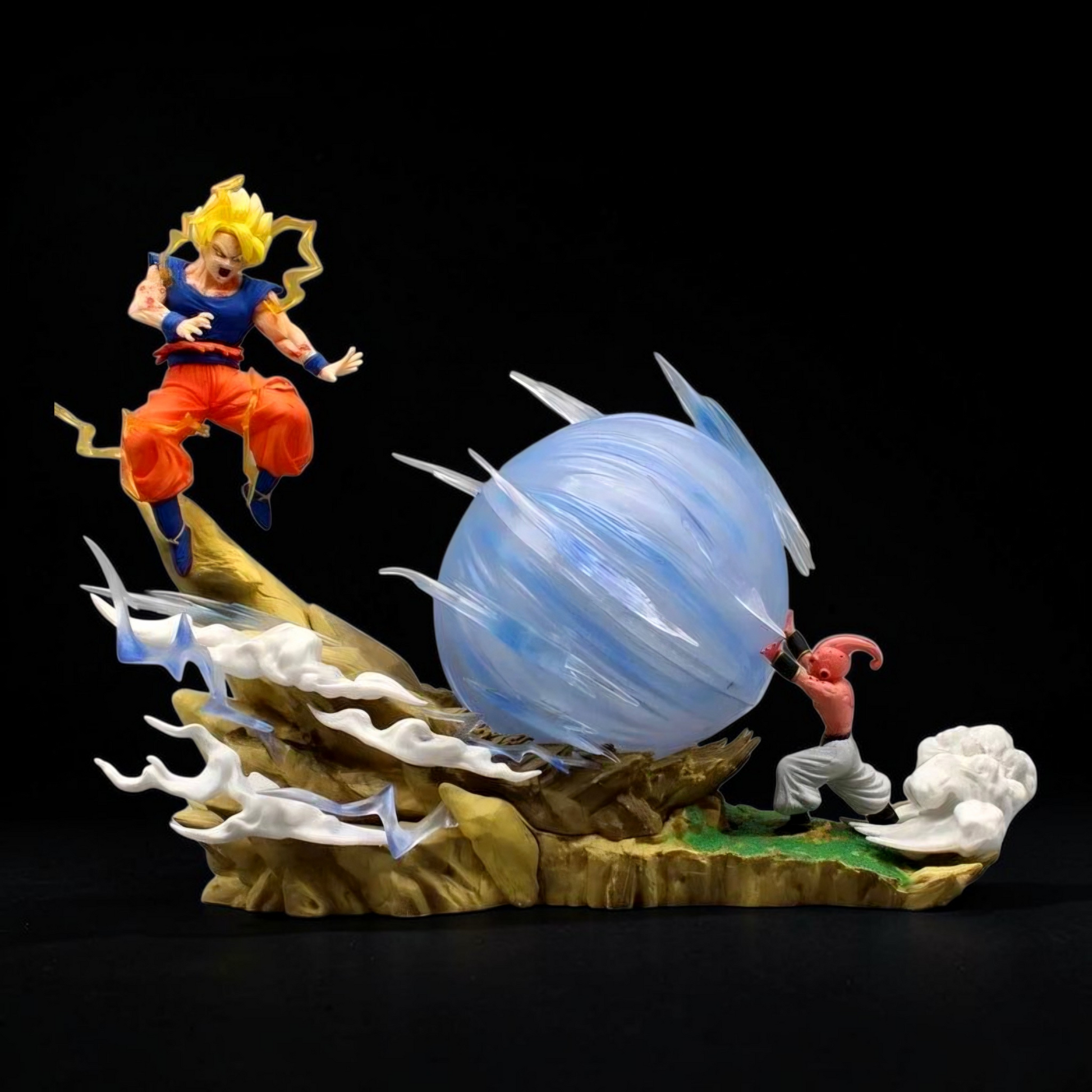 Action figure with a large energy ball and another figure on a dark background