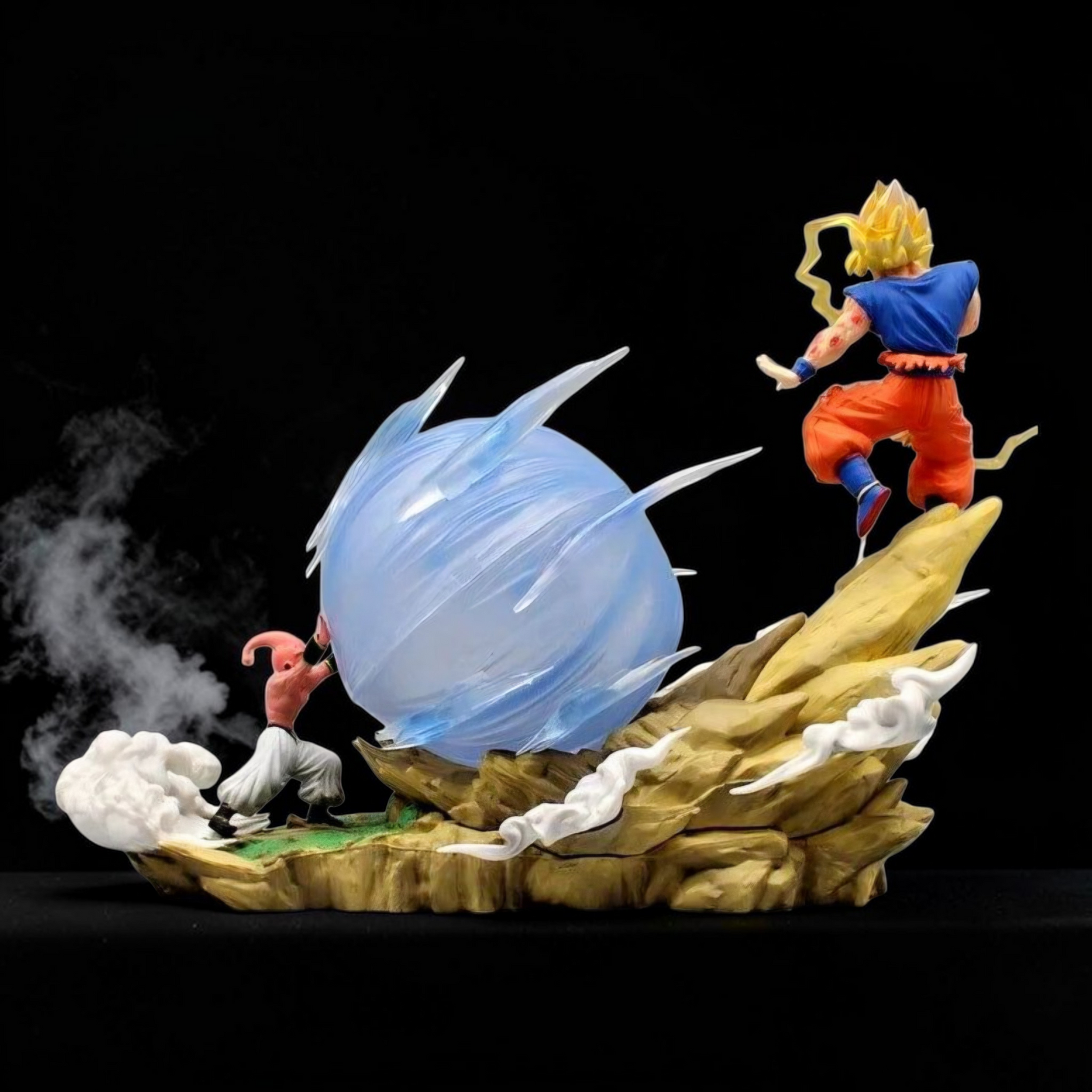 Action figure of a character from a popular anime series with a large blue energy ball and cloud-like formations.