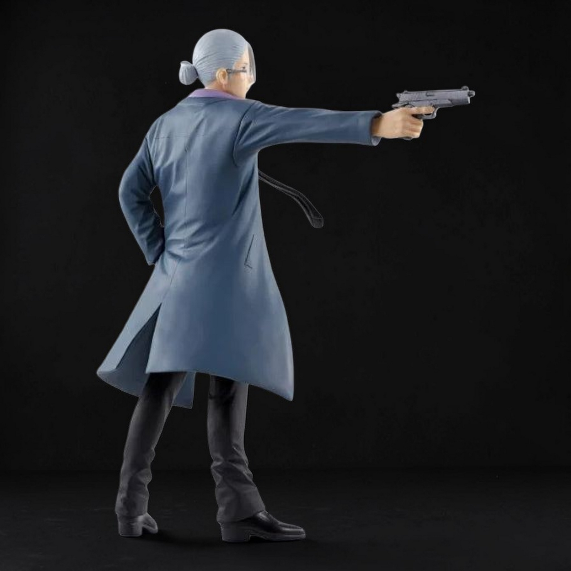 Person in a blue coat and hat holding a gun against a black background