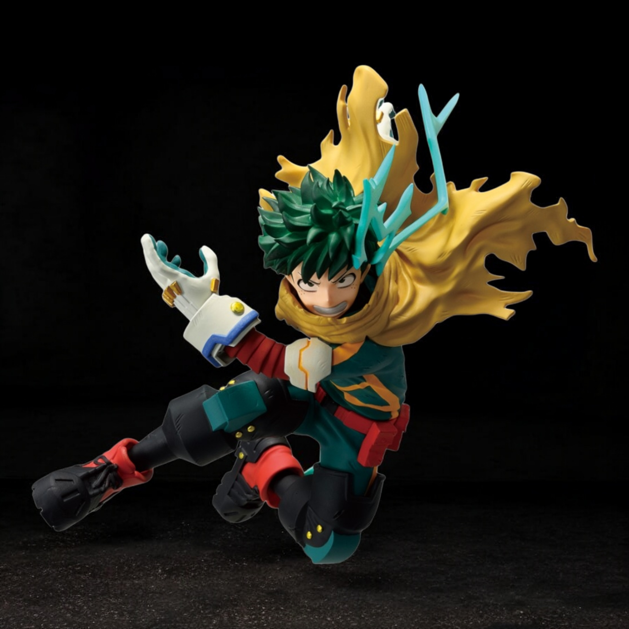 Action figure with green hair and colorful outfit on a black background