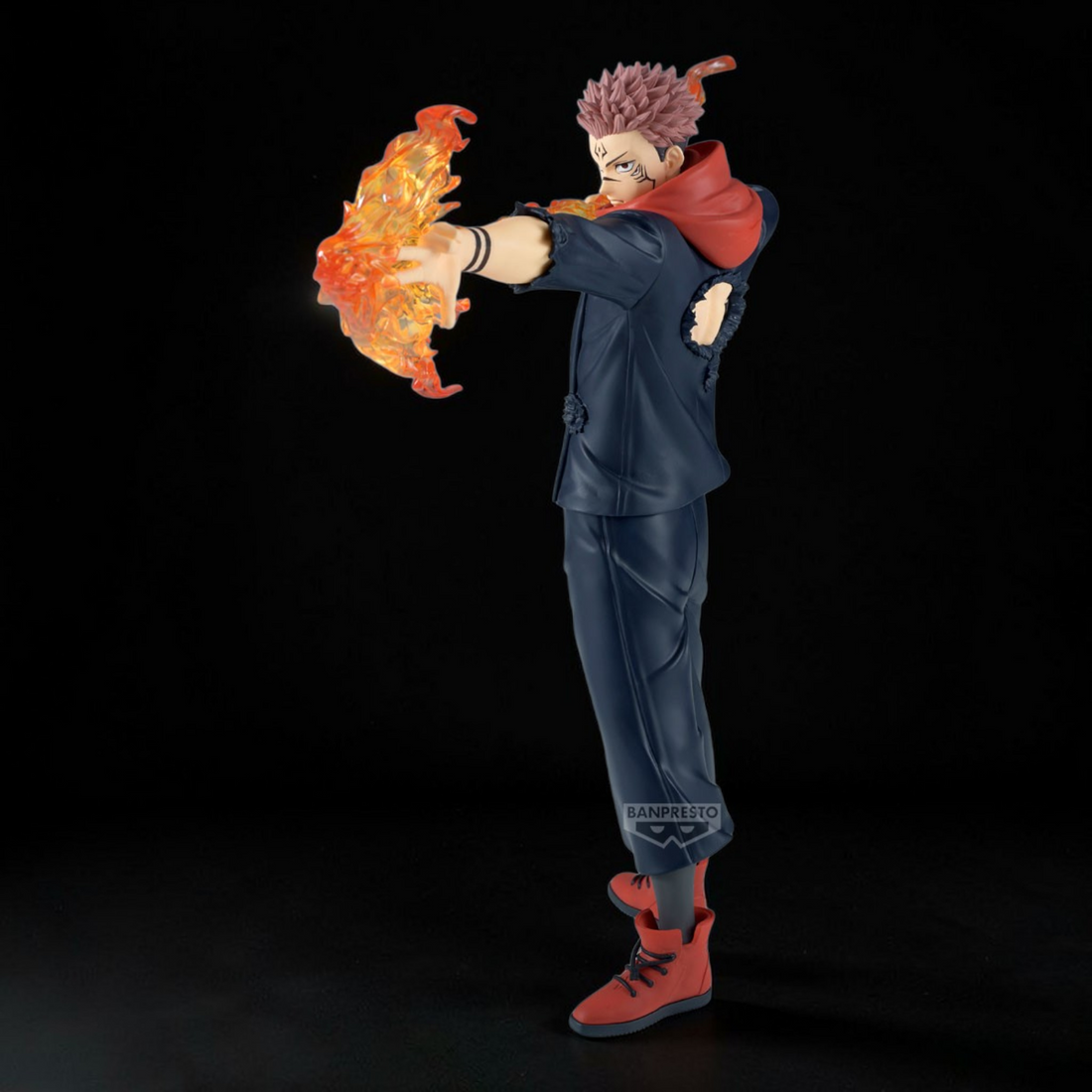 Character with flames in a destroyed temple setting