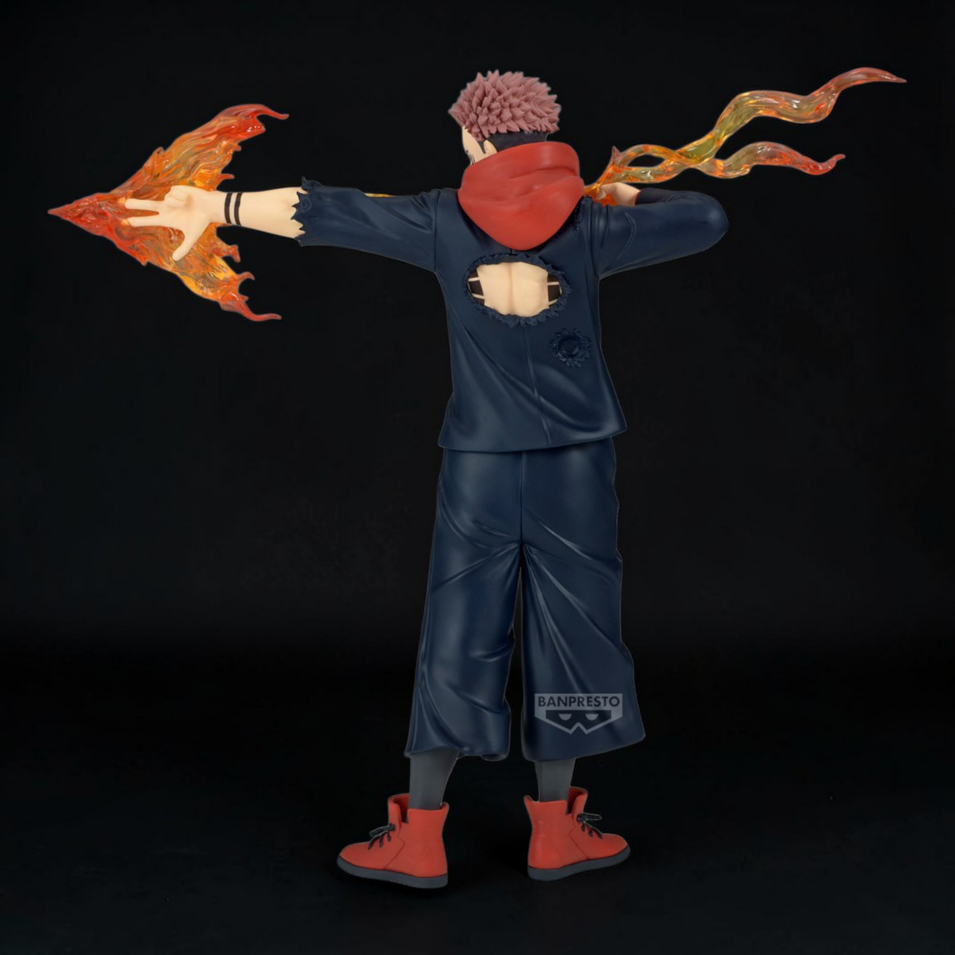 Animated character with flames on arms and legs against a black background