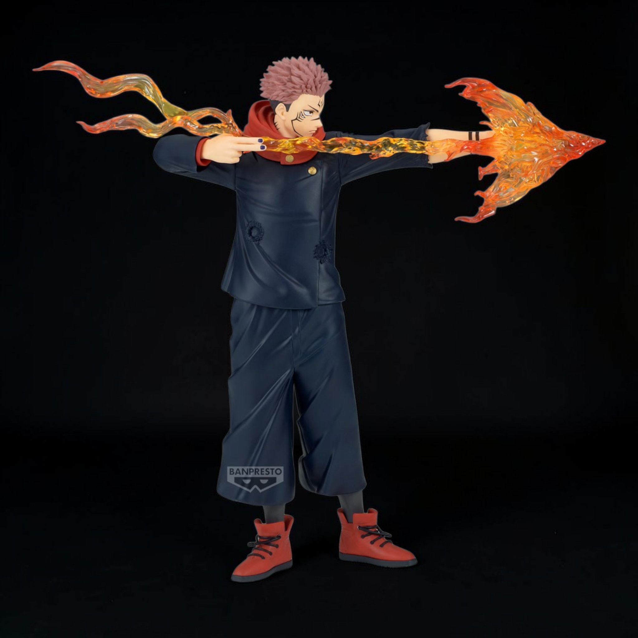 Animated character holding a large weapon with flames on a black background