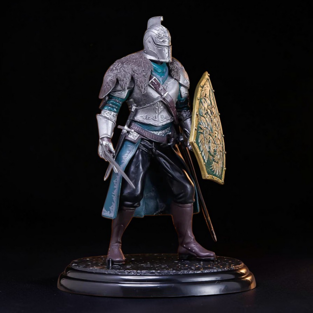 Medieval knight with shield and sword in a dark, gothic setting