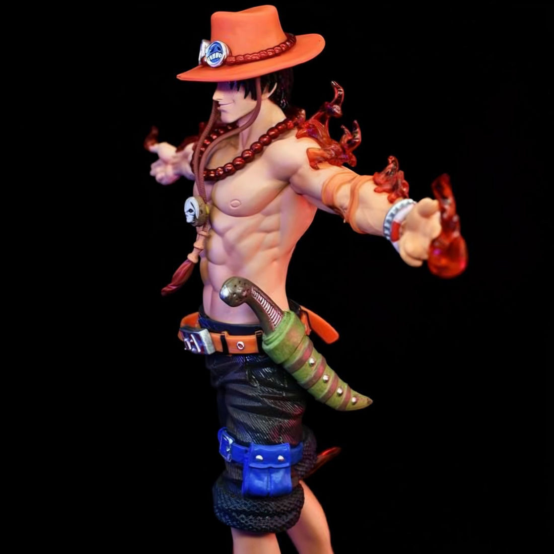 Action figure of a pirate character on a fiery background with ships and cannons.