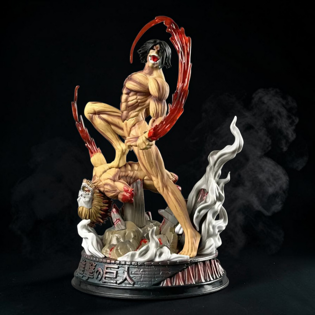 Muscular figure with a red weapon in a destroyed cityscape