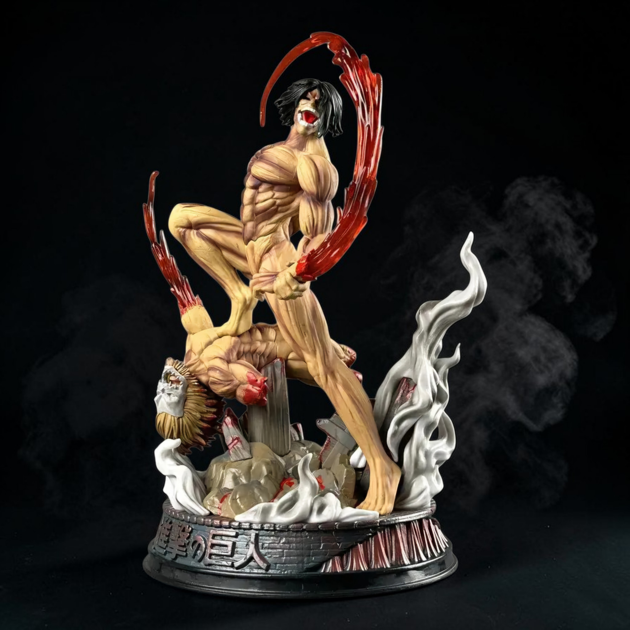 Statue of a muscular figure with a red weapon on a dark background
