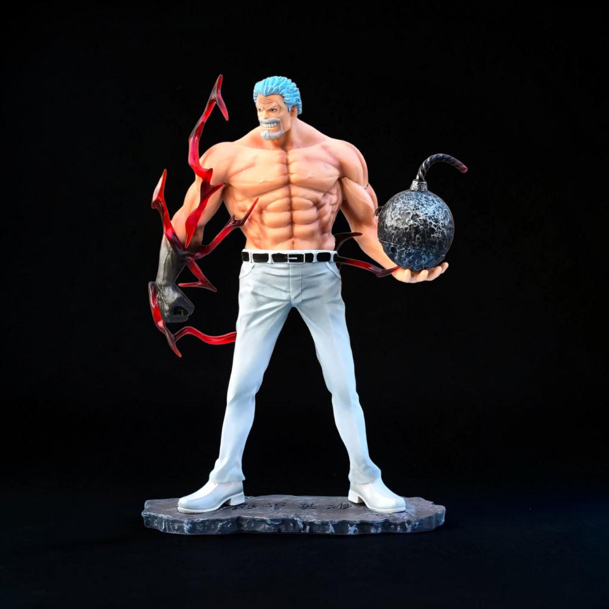 Muscular figure with a bomb and red creature on a black background