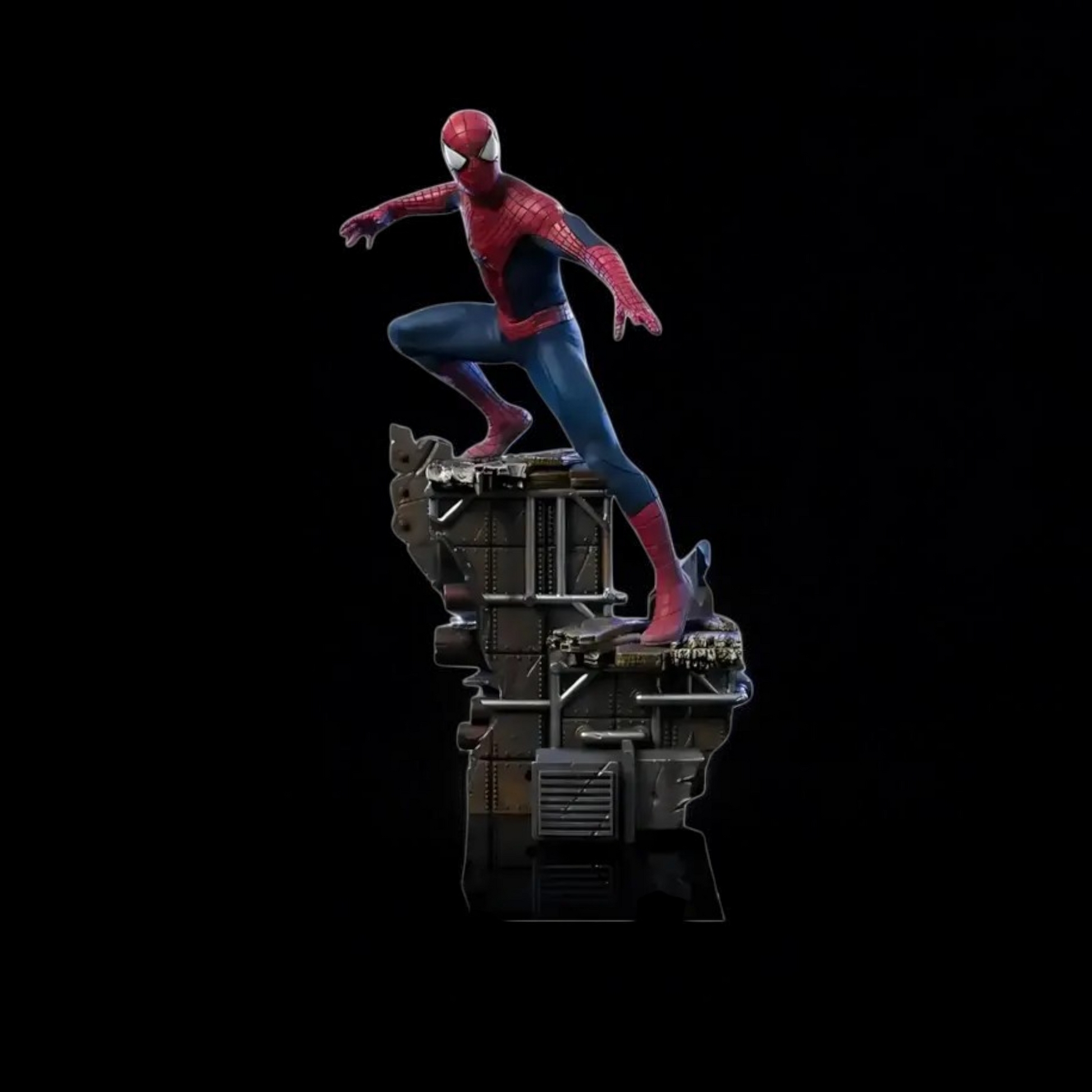 Spider-Man figure on a reflective platform with a black background