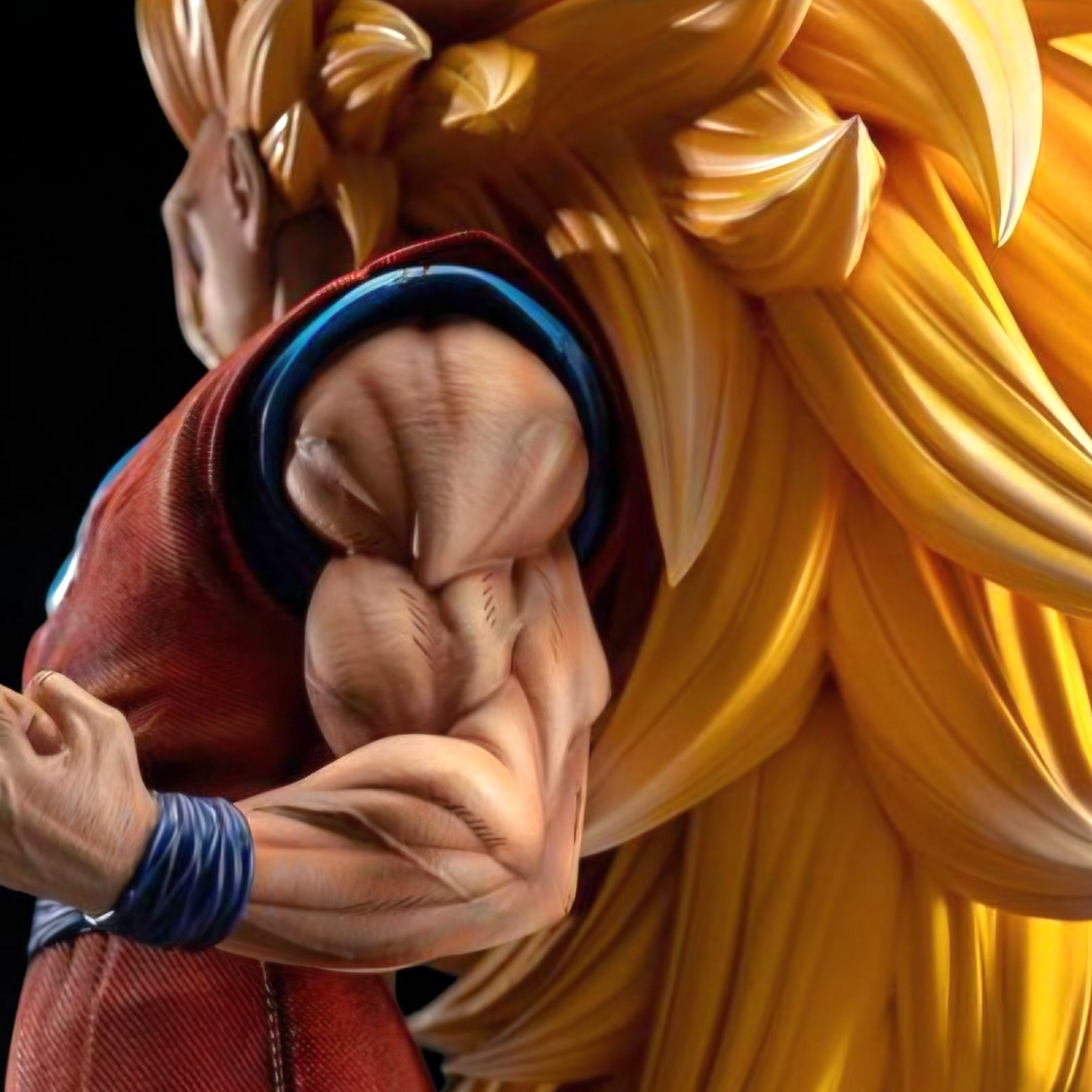 Close-up of a character with a muscular arm and long yellow hair against a dark background