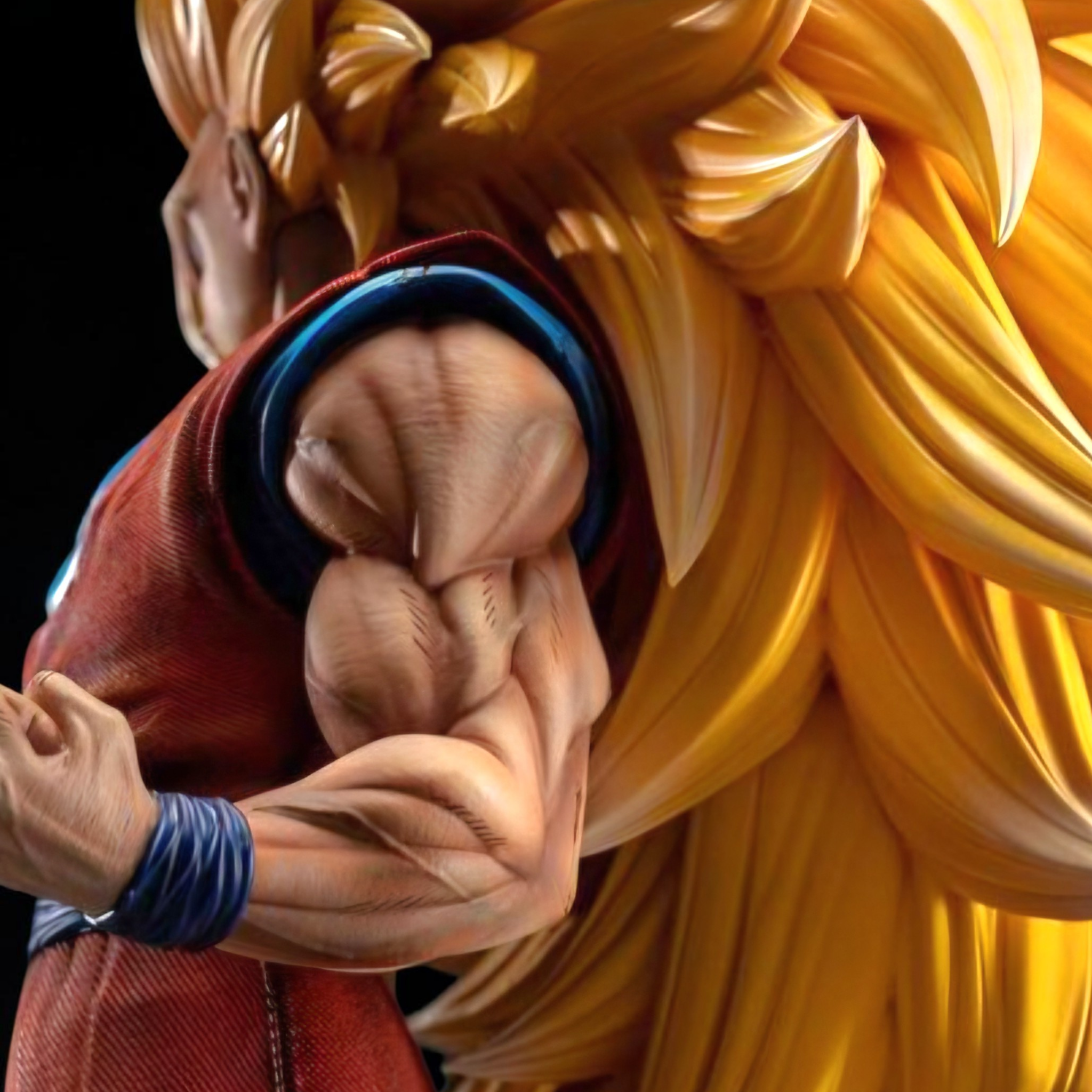 Close-up of a character with a muscular arm and long yellow hair against a dark background
