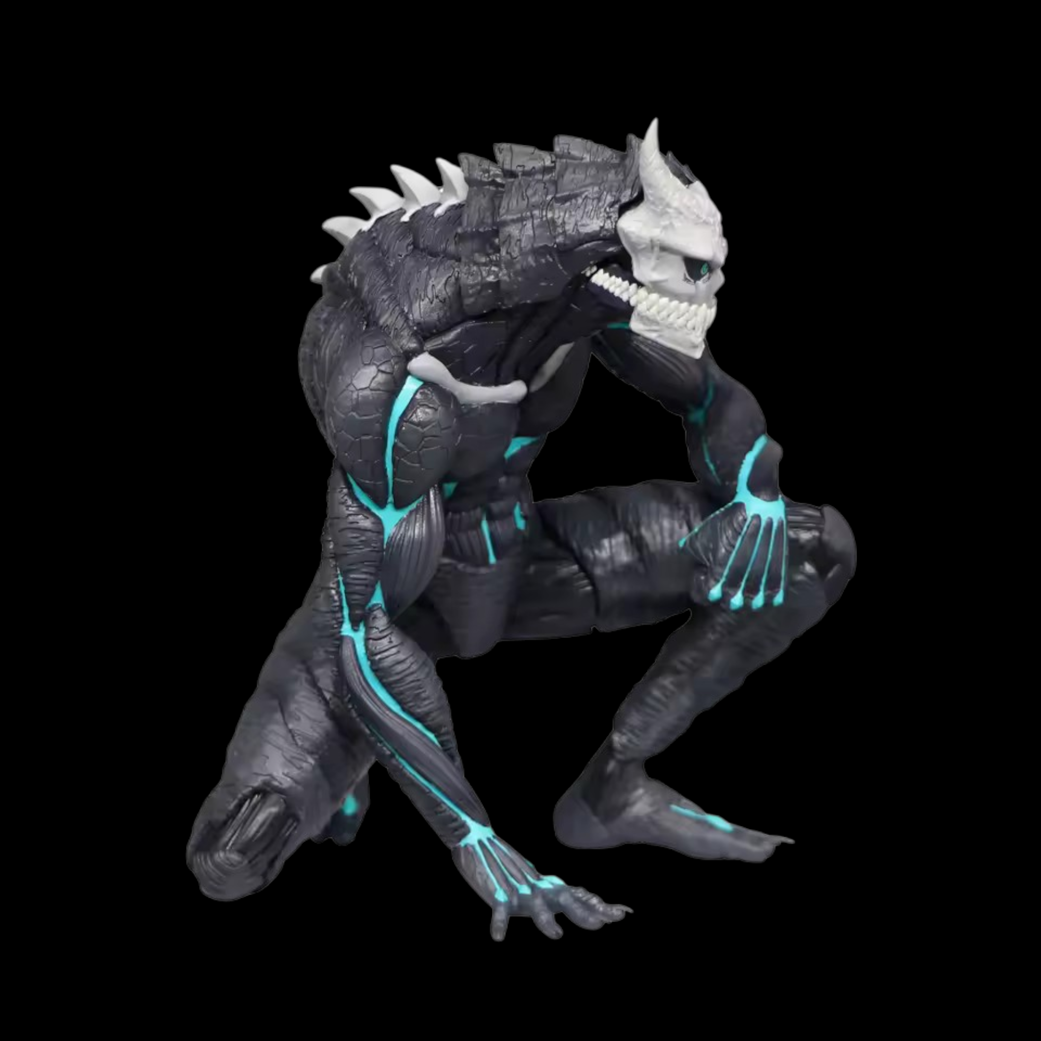 Monster-like creature with blue accents on a black background