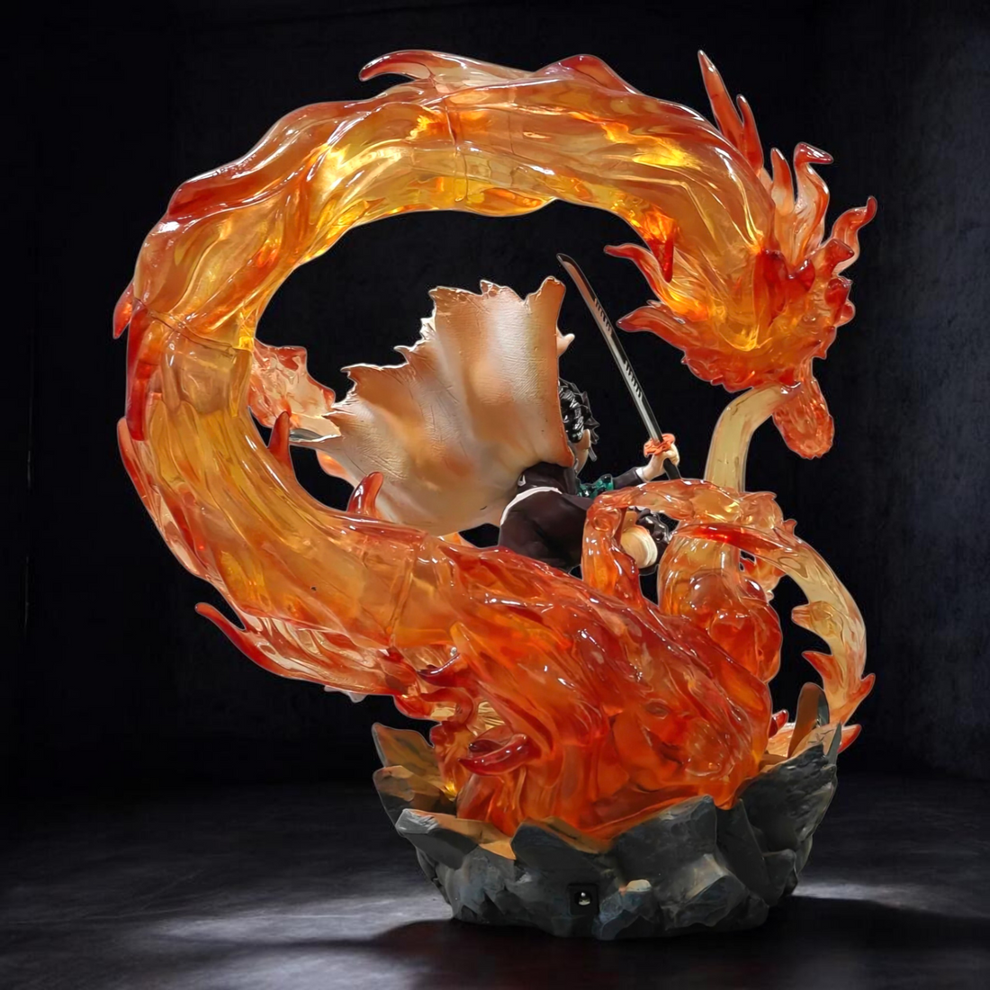 Animated character riding a fiery dragon amidst a burning village