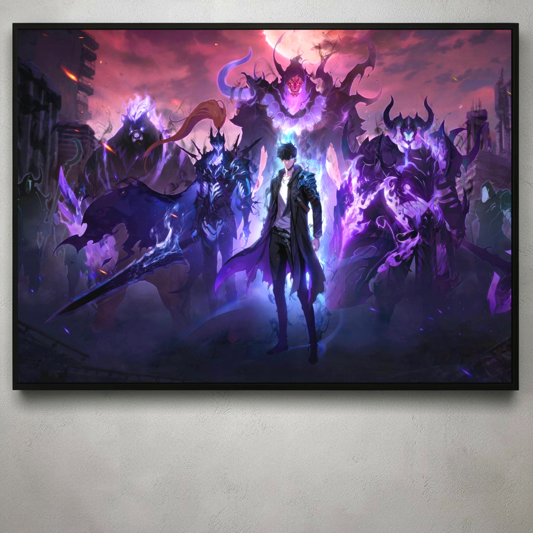Framed artwork of a fantasy scene with a central character and mystical creatures on a wall.