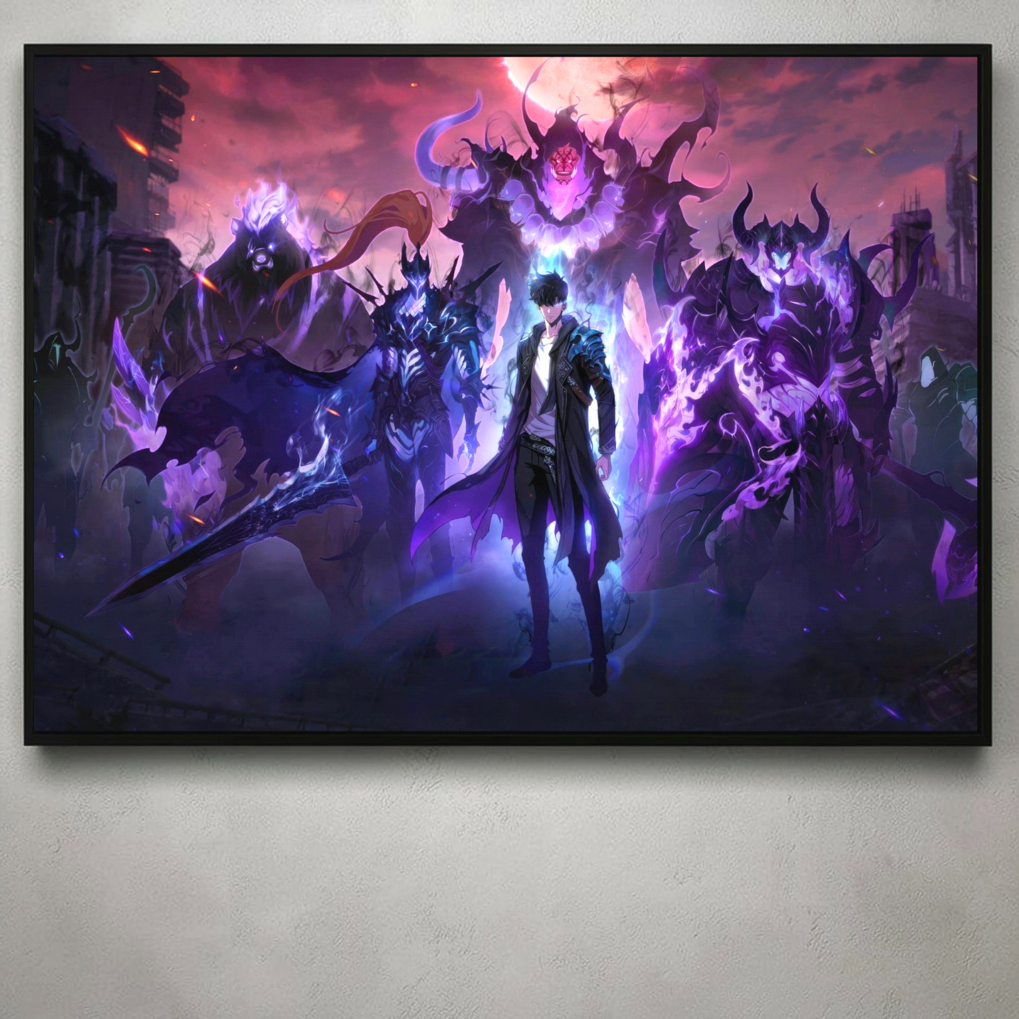 Framed artwork of a fantasy scene with a central character and mystical creatures on a wall.