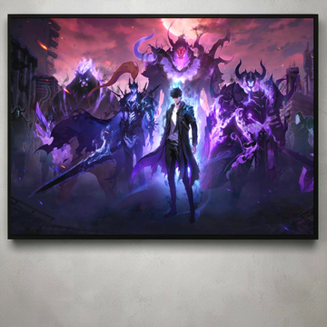 Framed artwork of a fantasy scene with a central character and mystical creatures on a wall.