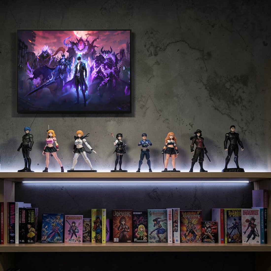 Framed artwork of a fantasy scene with a central character and mystical creatures on a wall.