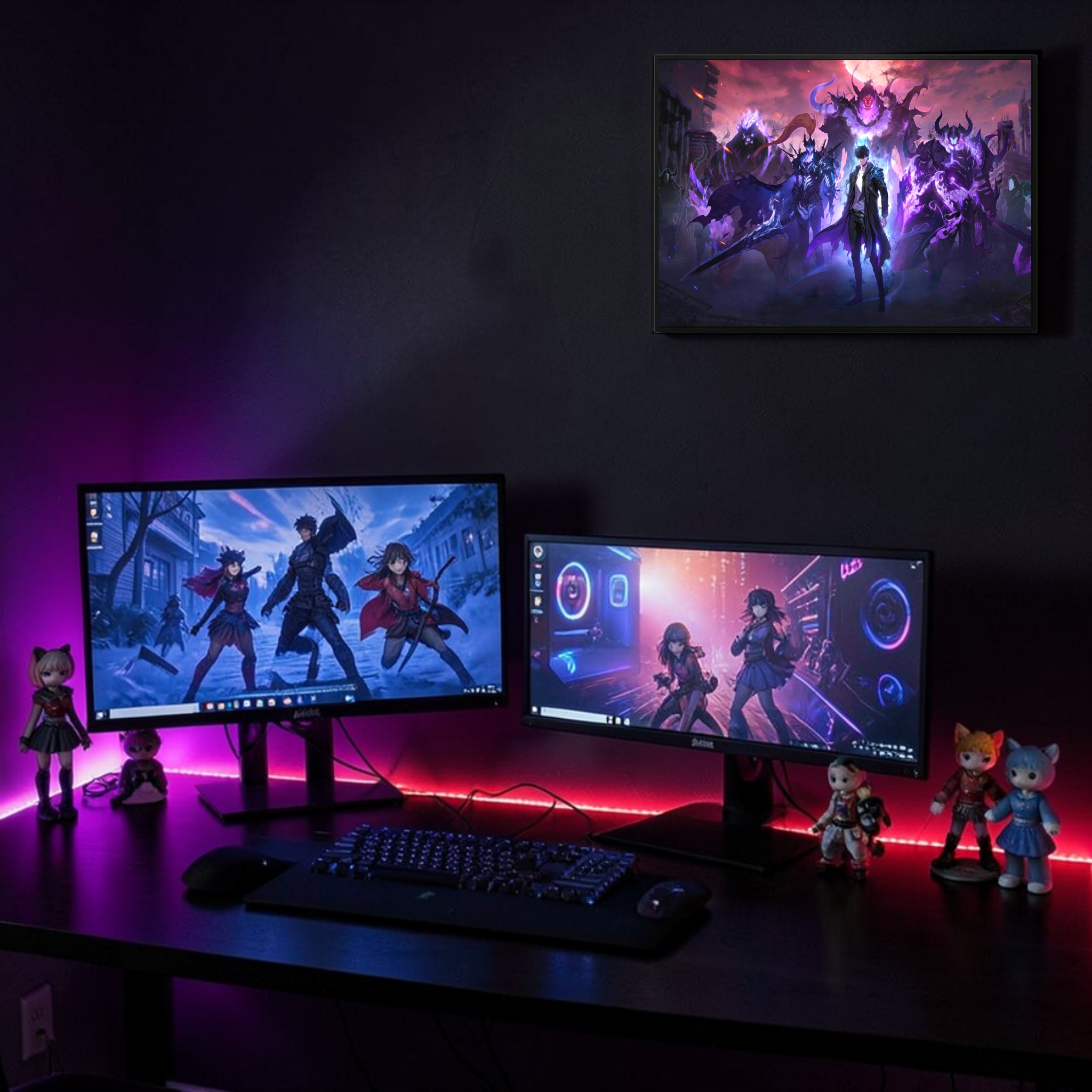 Gaming setup with three monitors, keyboard, and figurines on a dark desk.