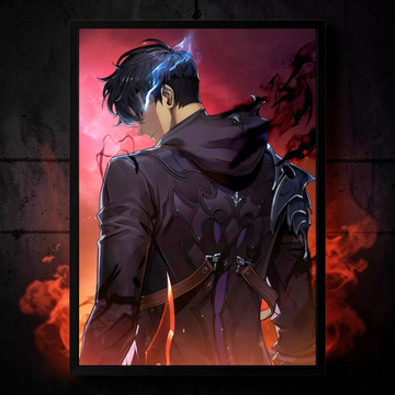 Artistic depiction of a character in a dark outfit with a fiery background