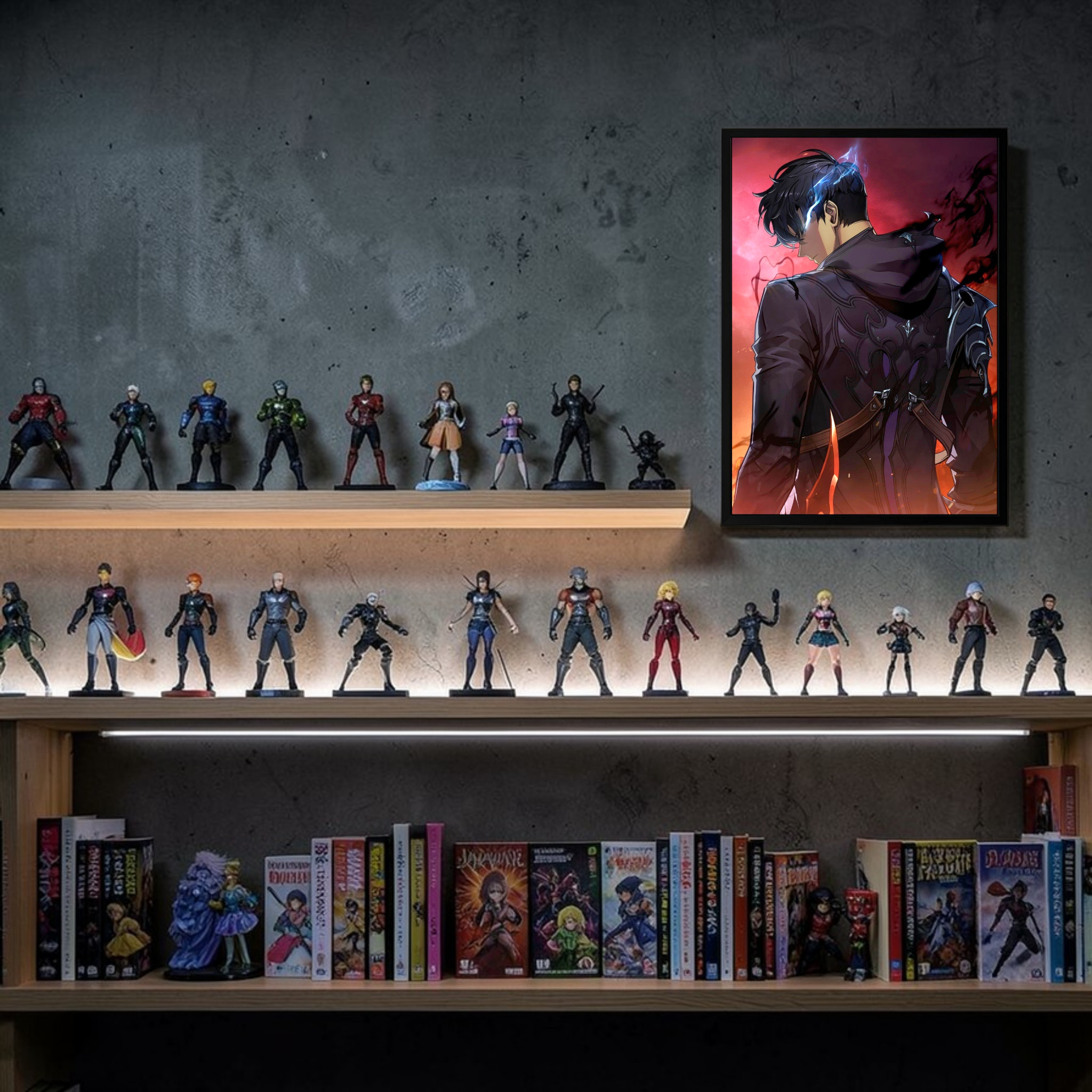 Collection of action figures and comic books on shelves with a framed artwork above.