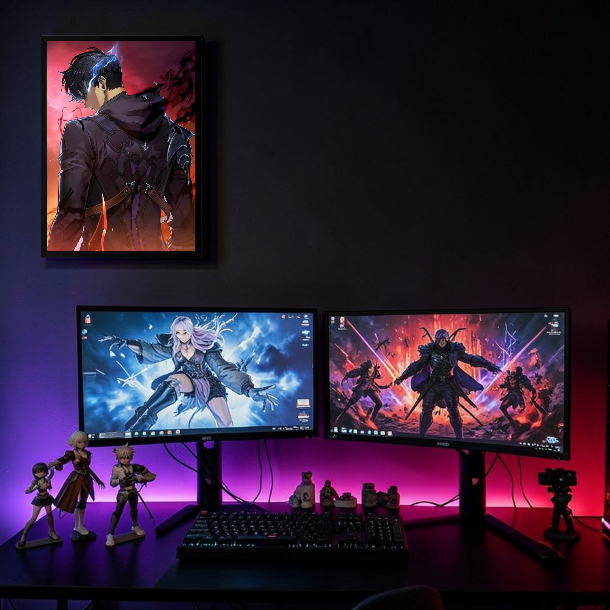 Gaming setup with two monitors displaying animated characters, surrounded by figurines on a dark background.