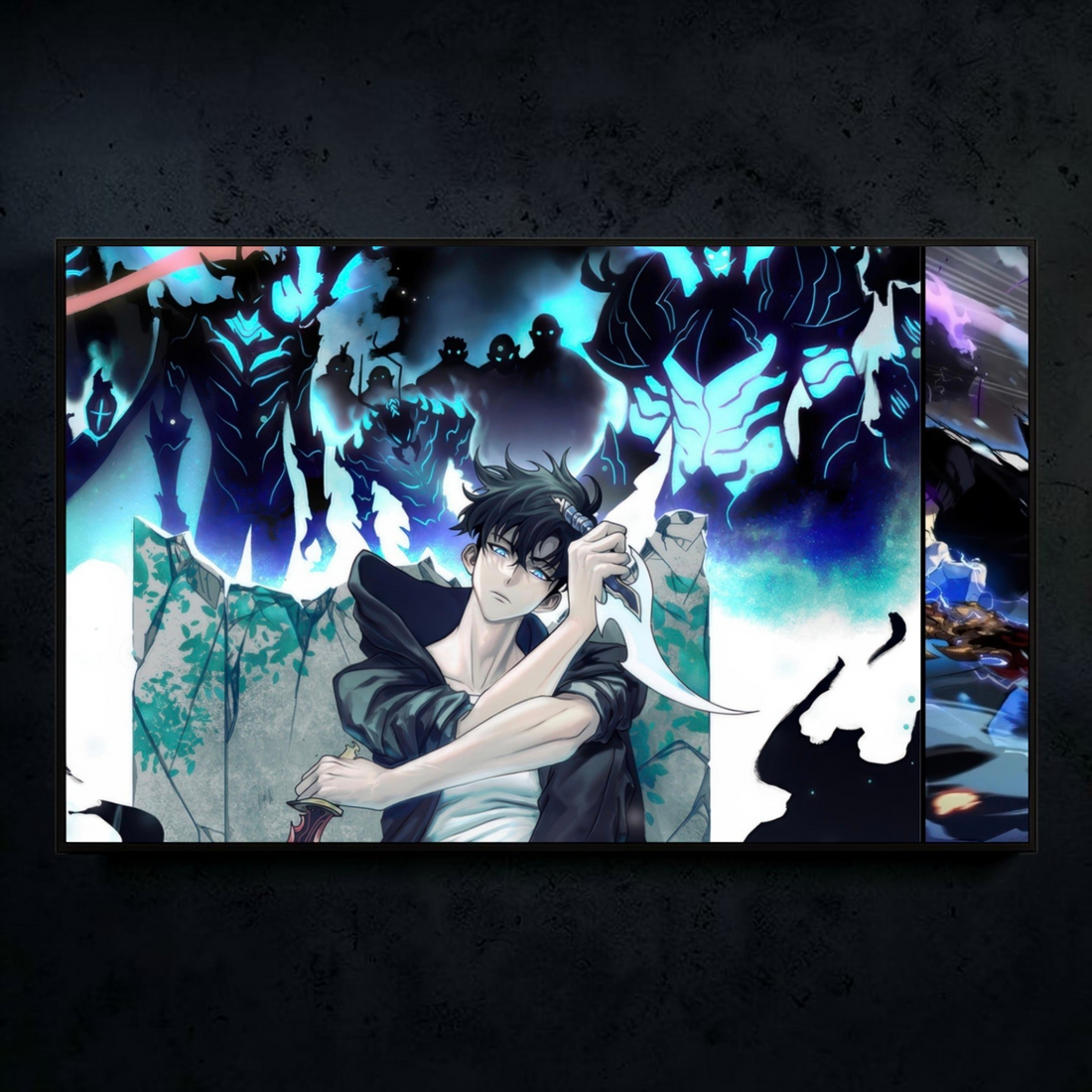 Animated character with a dark background featuring other characters and glowing elements