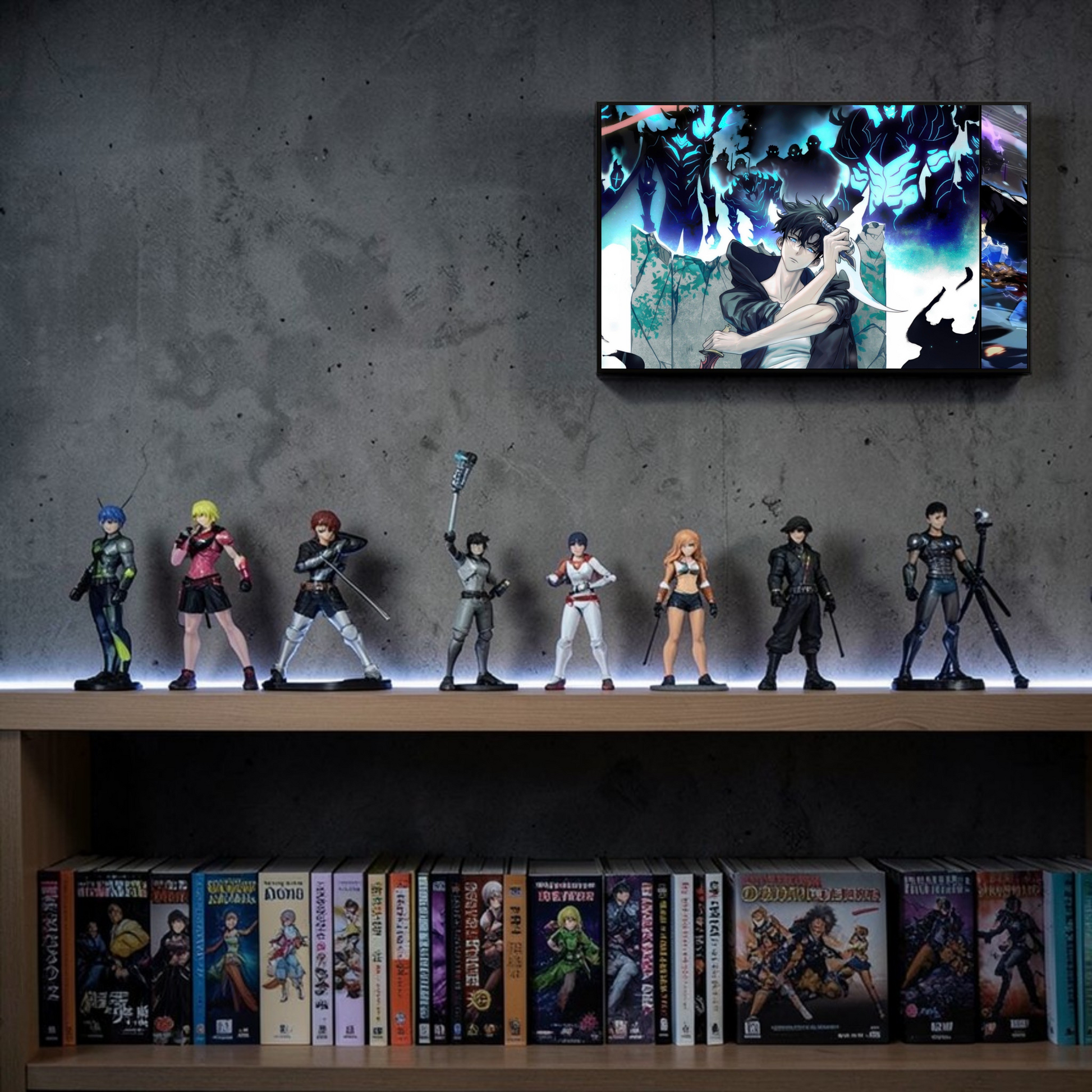 Collection of action figures and anime DVDs on a shelf against a dark wall.