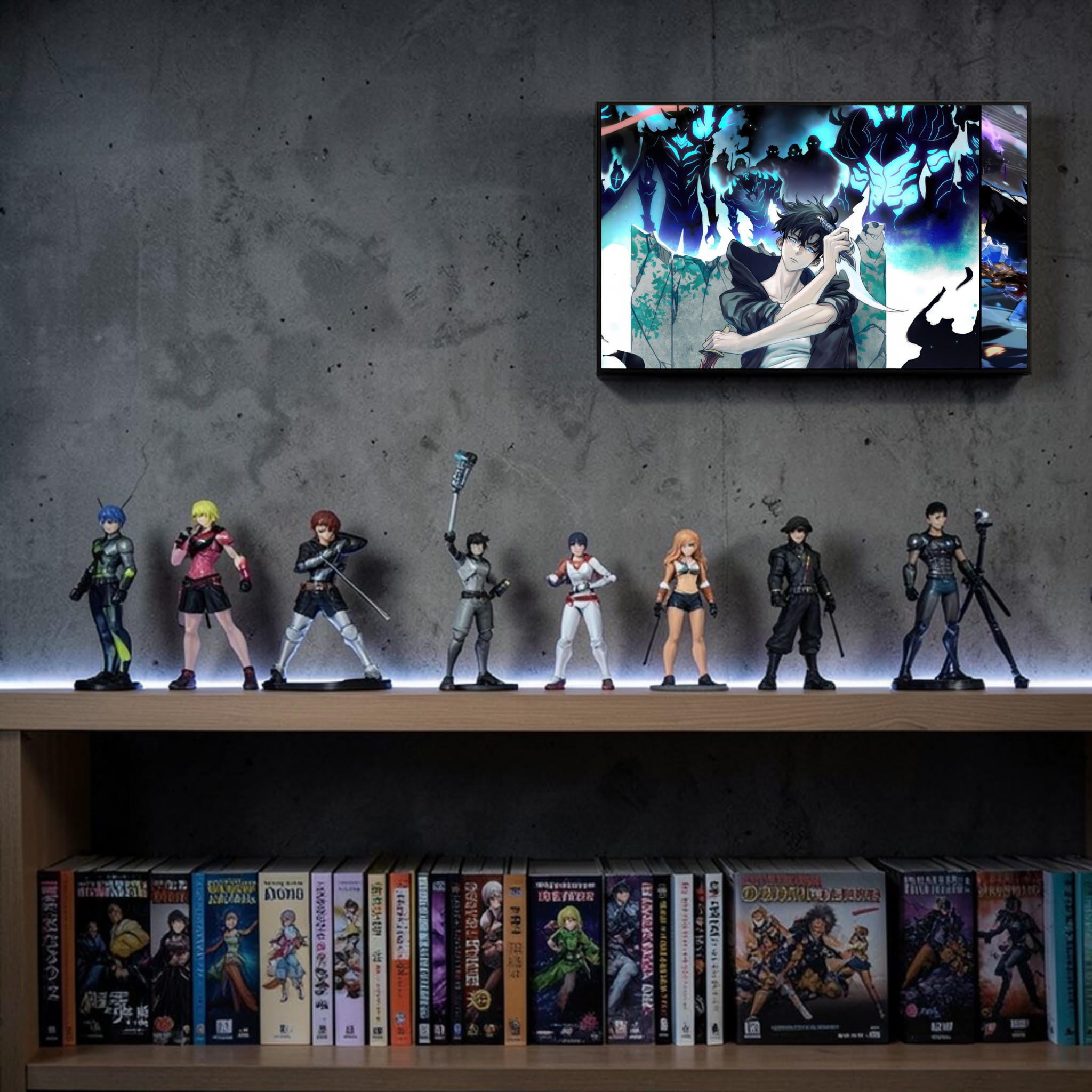 Collection of action figures and anime DVDs on a shelf against a dark wall.