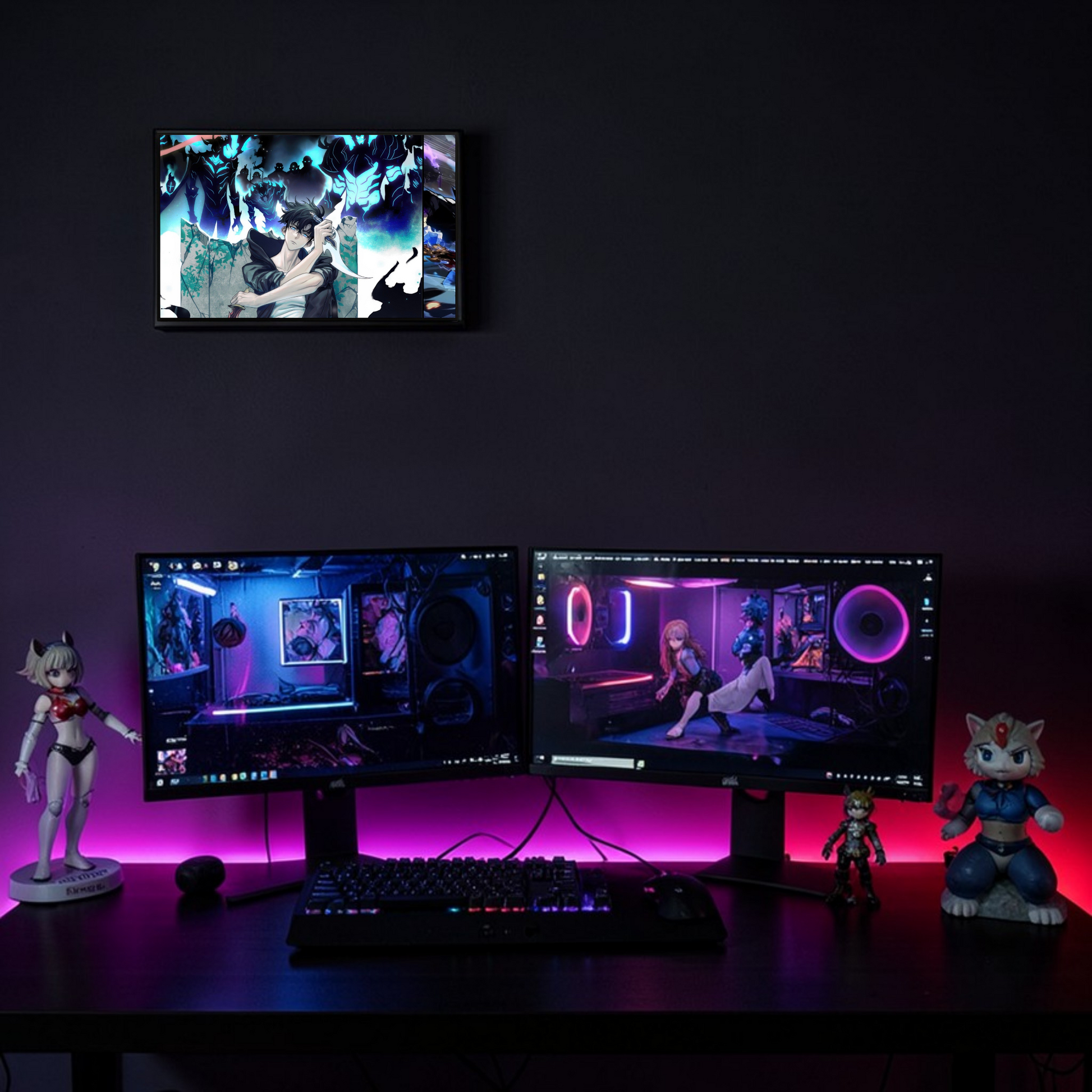 Gaming setup with multiple monitors, keyboard, and figurines on a dark background