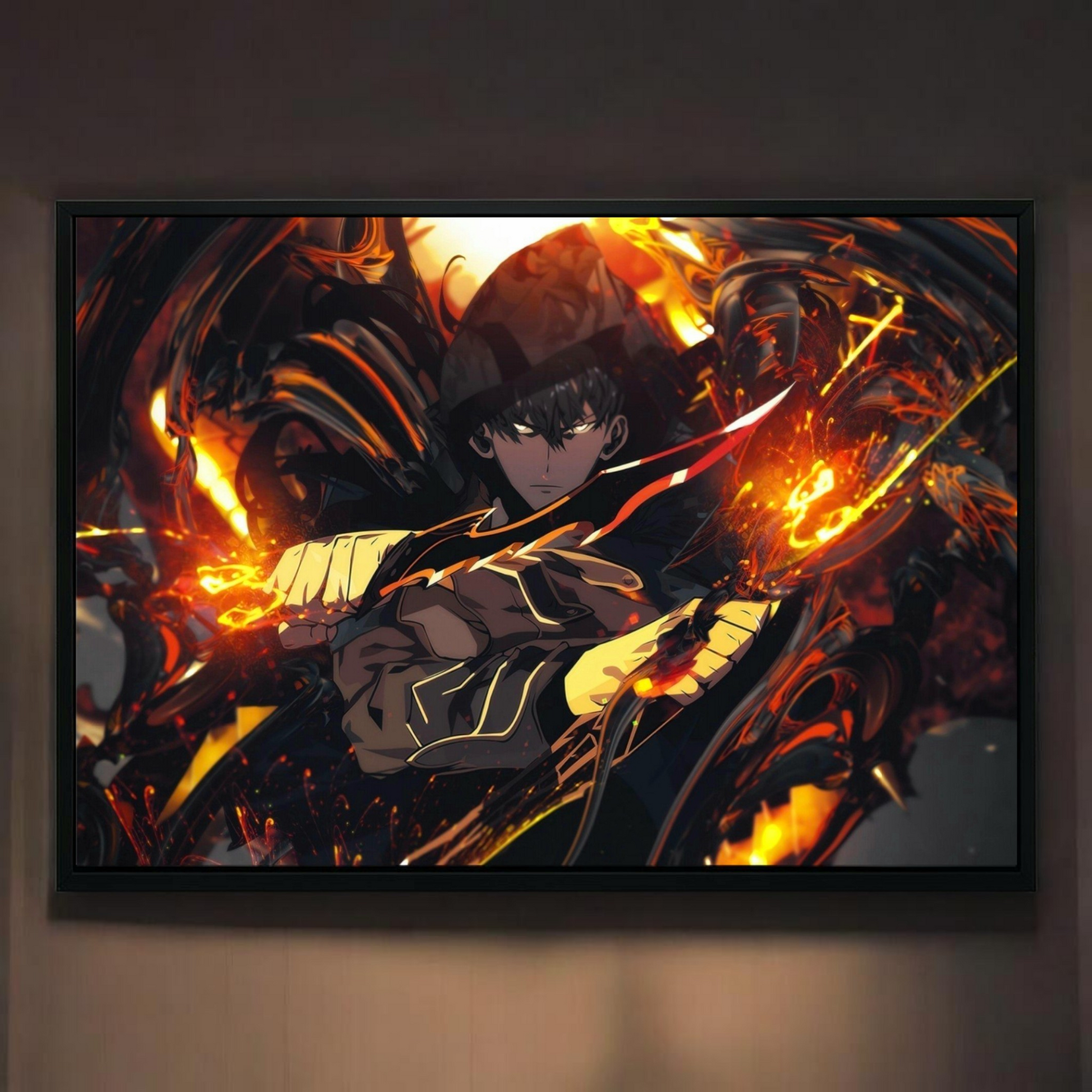 Framed artwork of an anime character with fiery effects on a dark background
