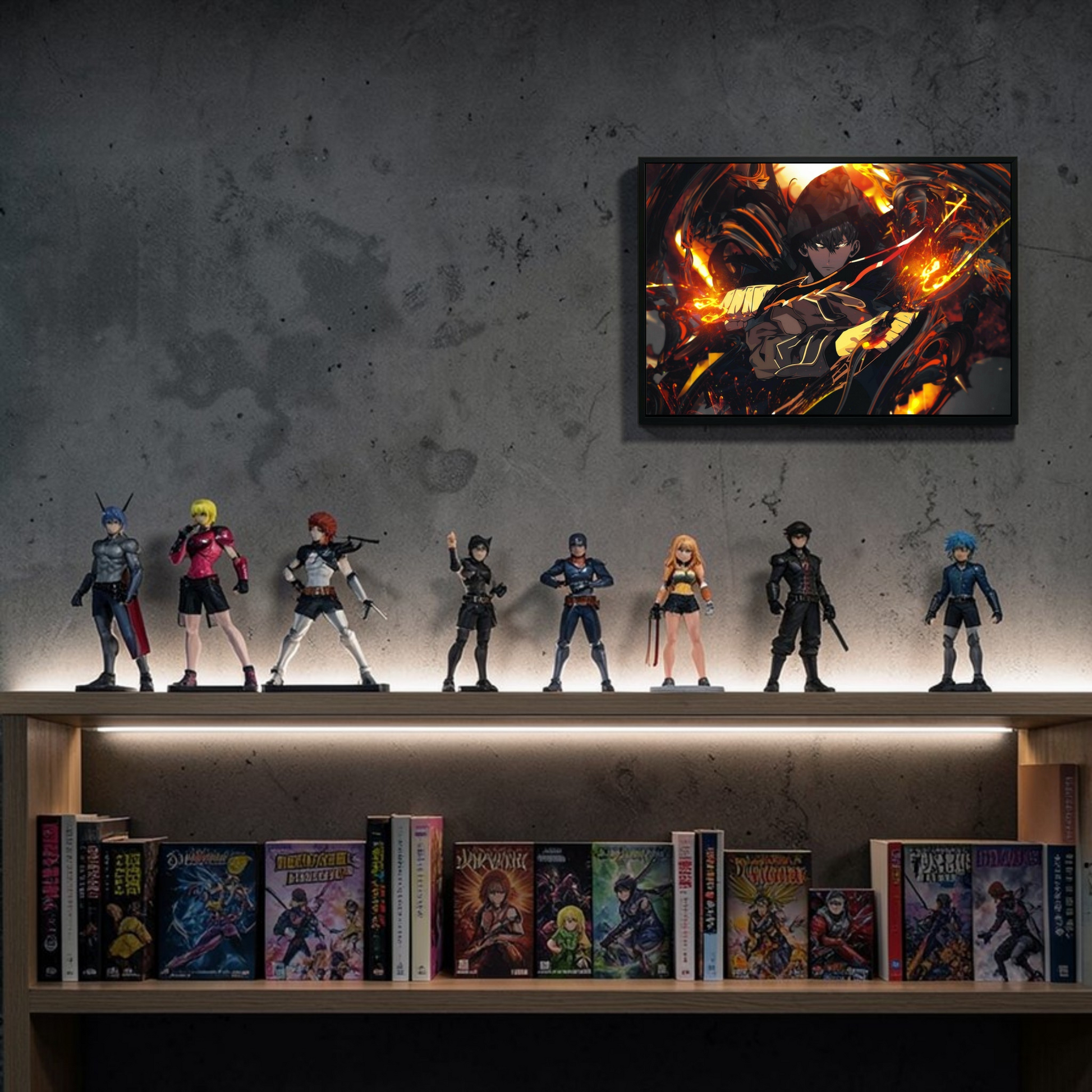 Collection of action figures and comic books on a shelf with a framed artwork above.