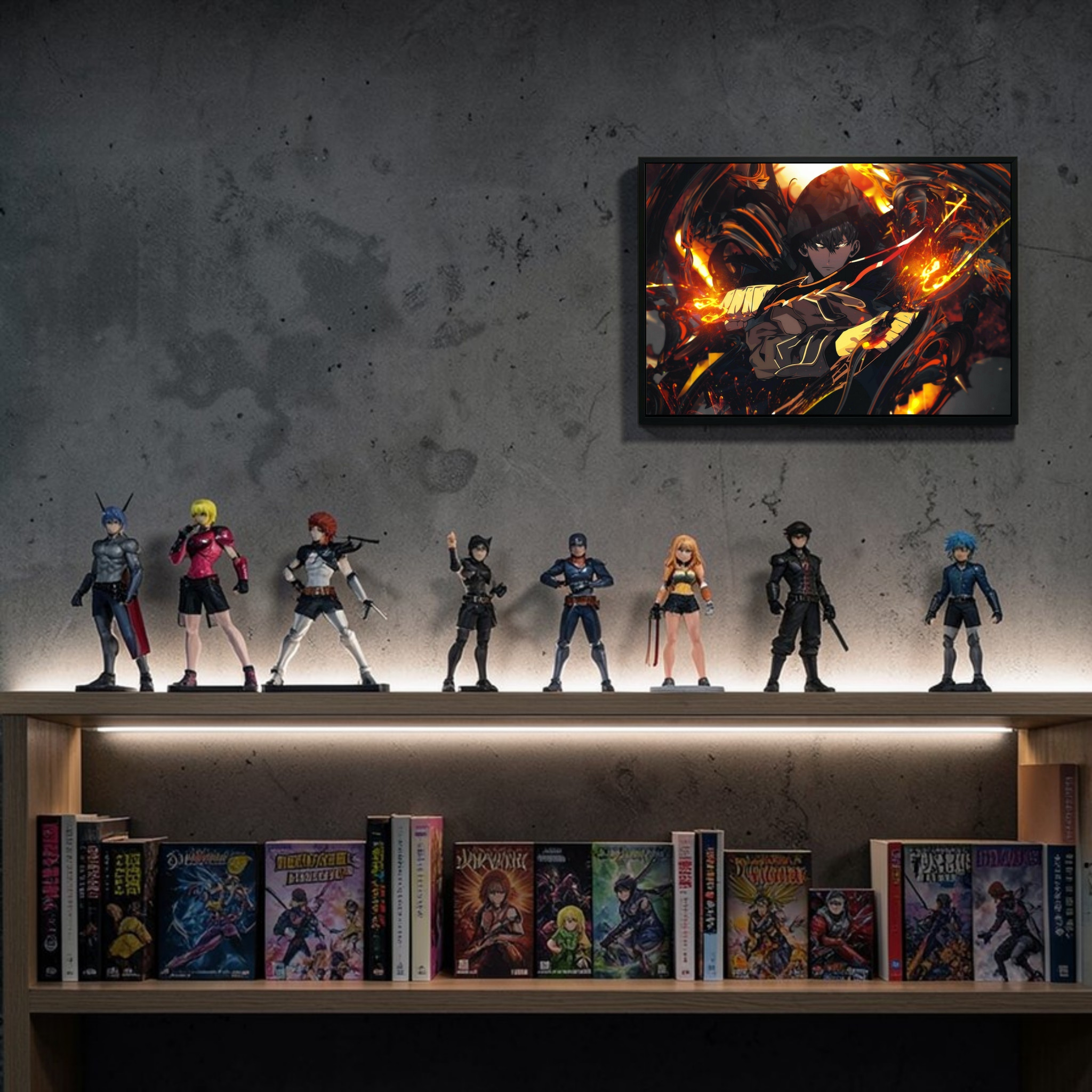 Collection of action figures and comic books on a shelf with a framed artwork above.